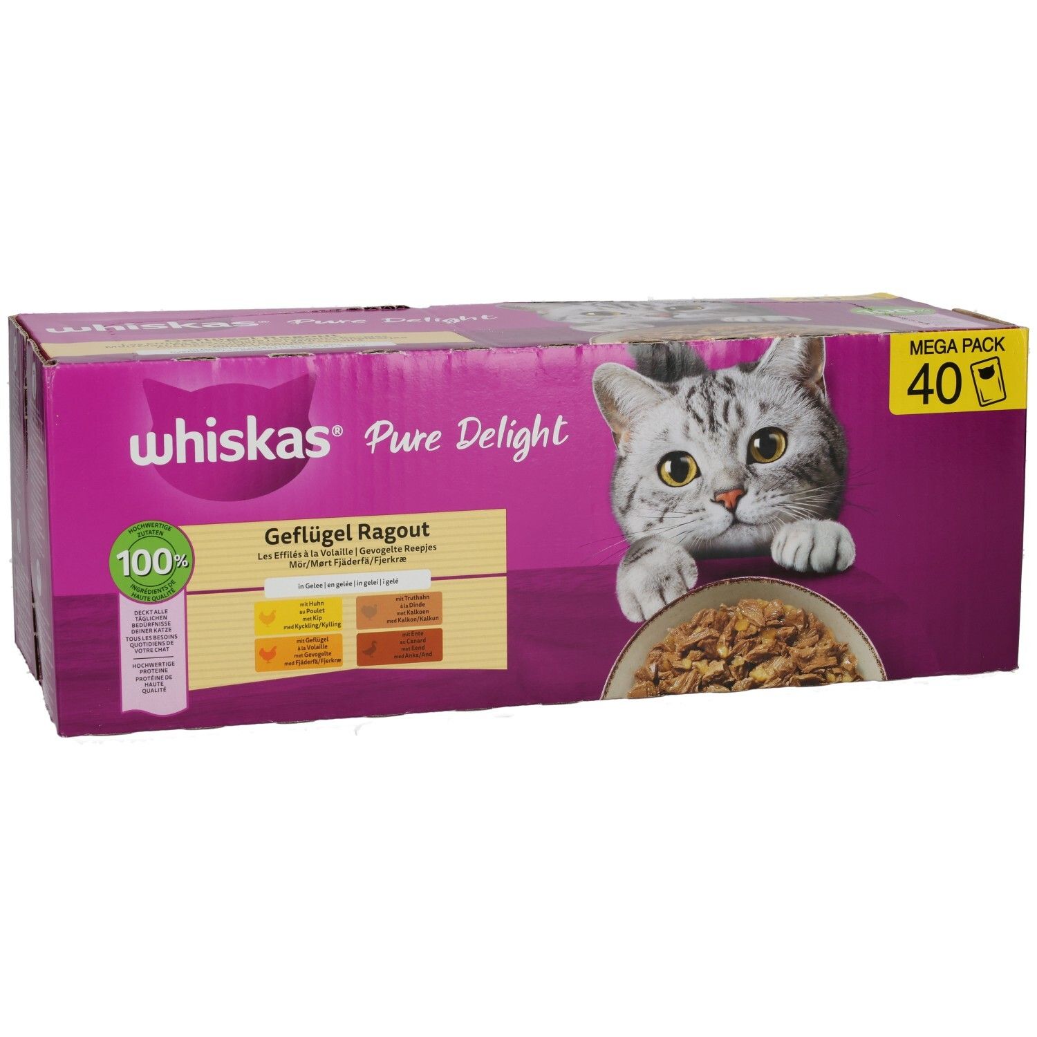 Whiskas Pure Delight Geflügel Ragout 40er Packung, schräg von vorne mit Katze und Futterschüssel.