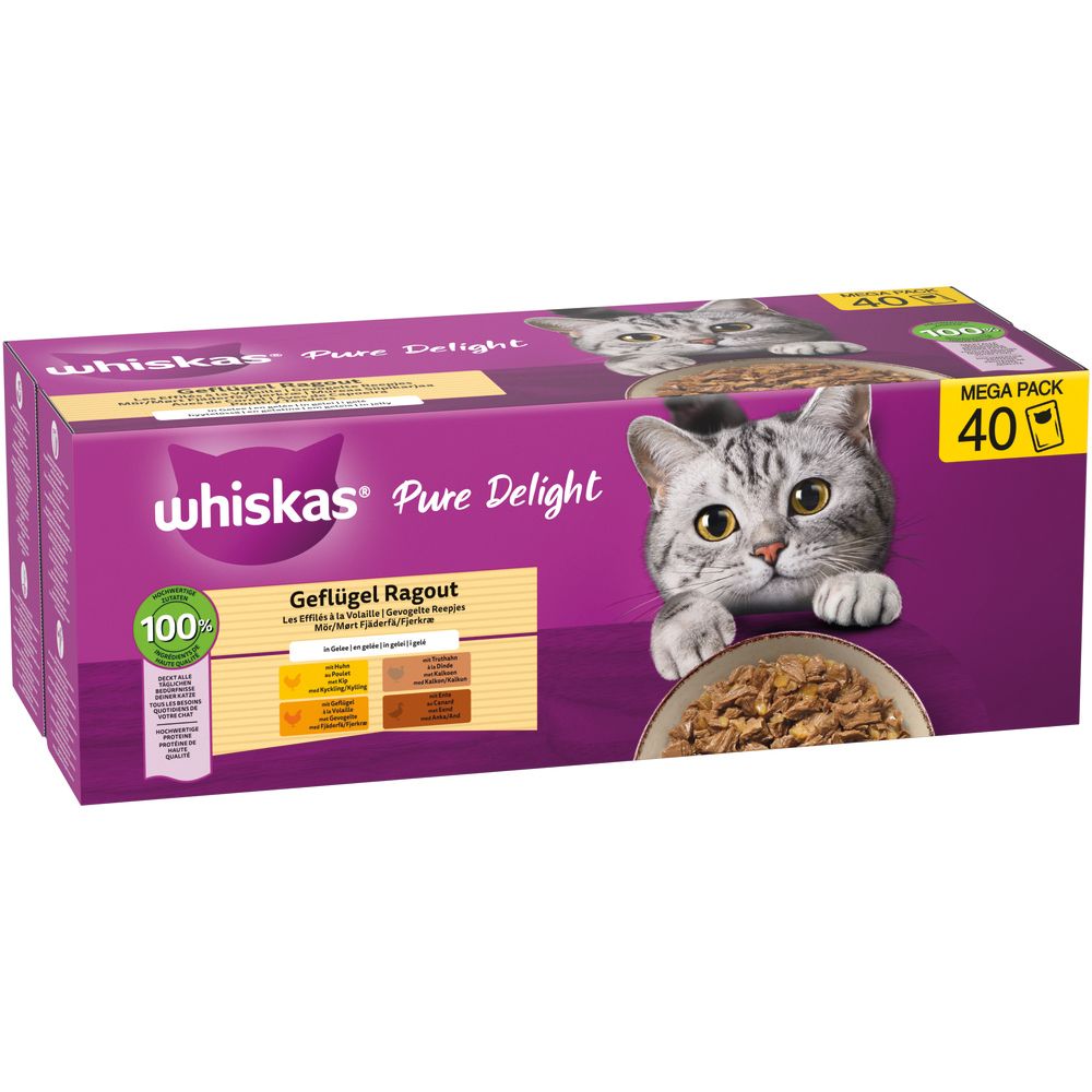 Whiskas Pure Delight Geflügel Ragout 40er Packung, schräg von vorne mit Katze und Futterschüssel.