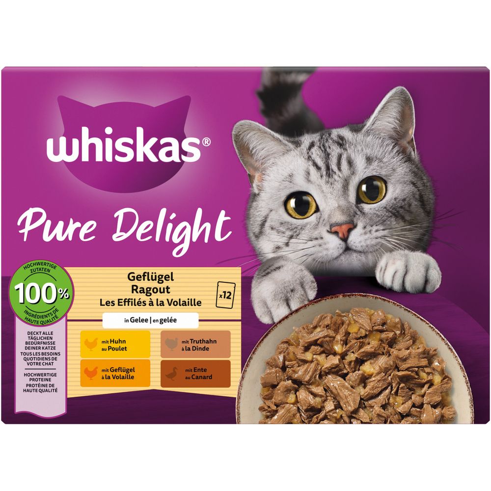 Whiskas Pure Delight Geflügel Ragout in Gelee, 12er Packung mit Katze und Futterschale.