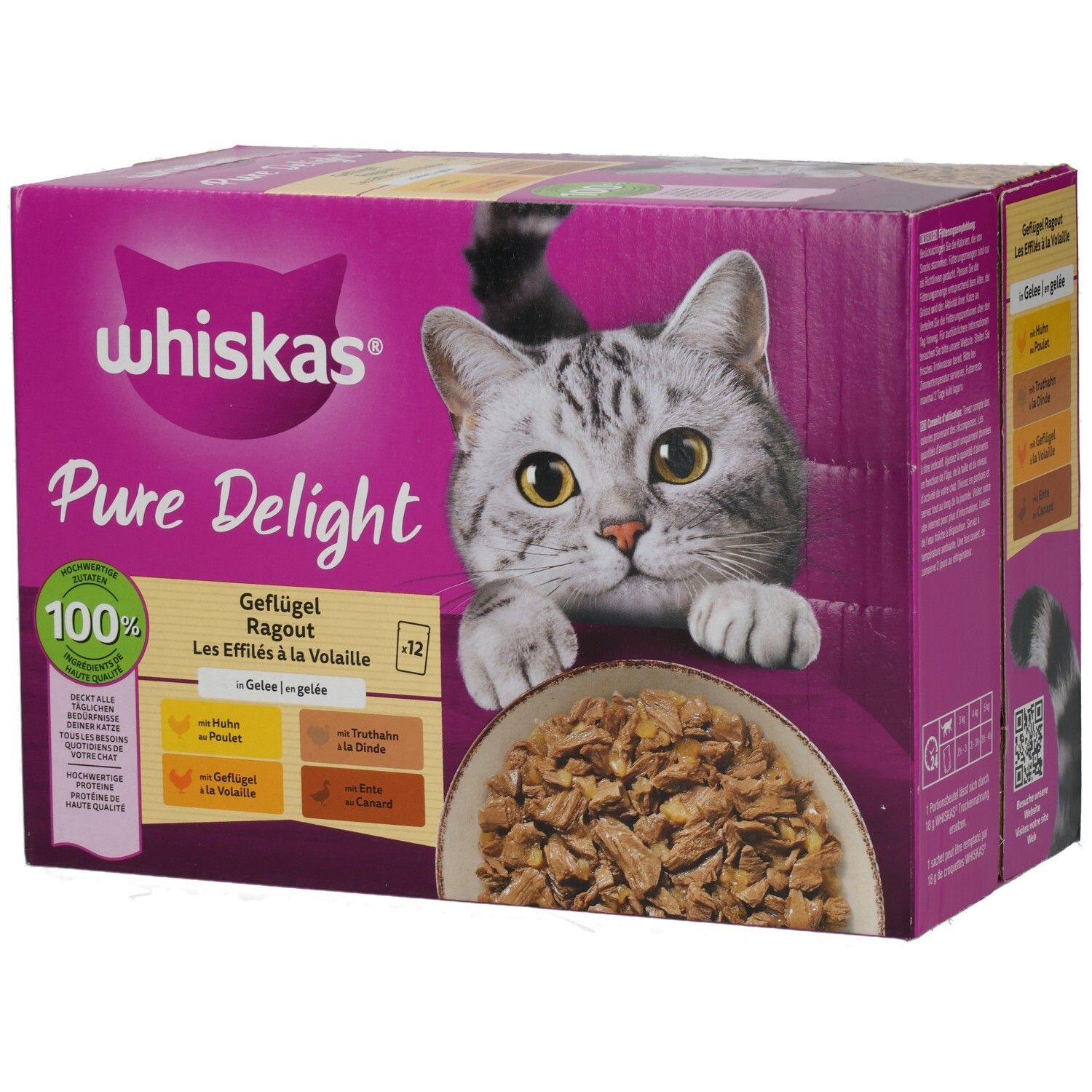 Whiskas Pure Delight Geflügel Ragout in Gelee, 12er Packung, Vorderseite mit Katze und Futter.