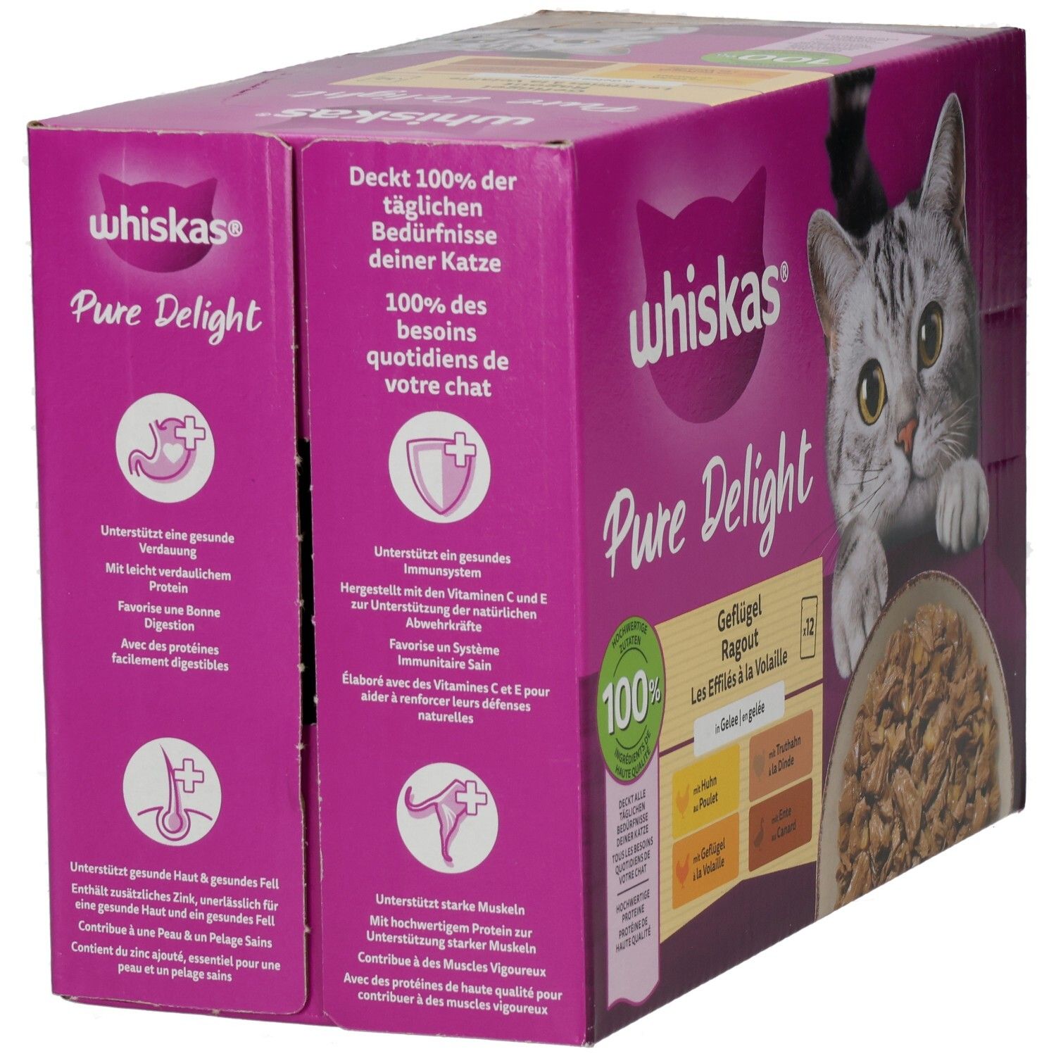 Whiskas Pure Delight Geflügel Ragout in Gelee, 12er Packung, Seitenansicht mit Produktinformationen.
