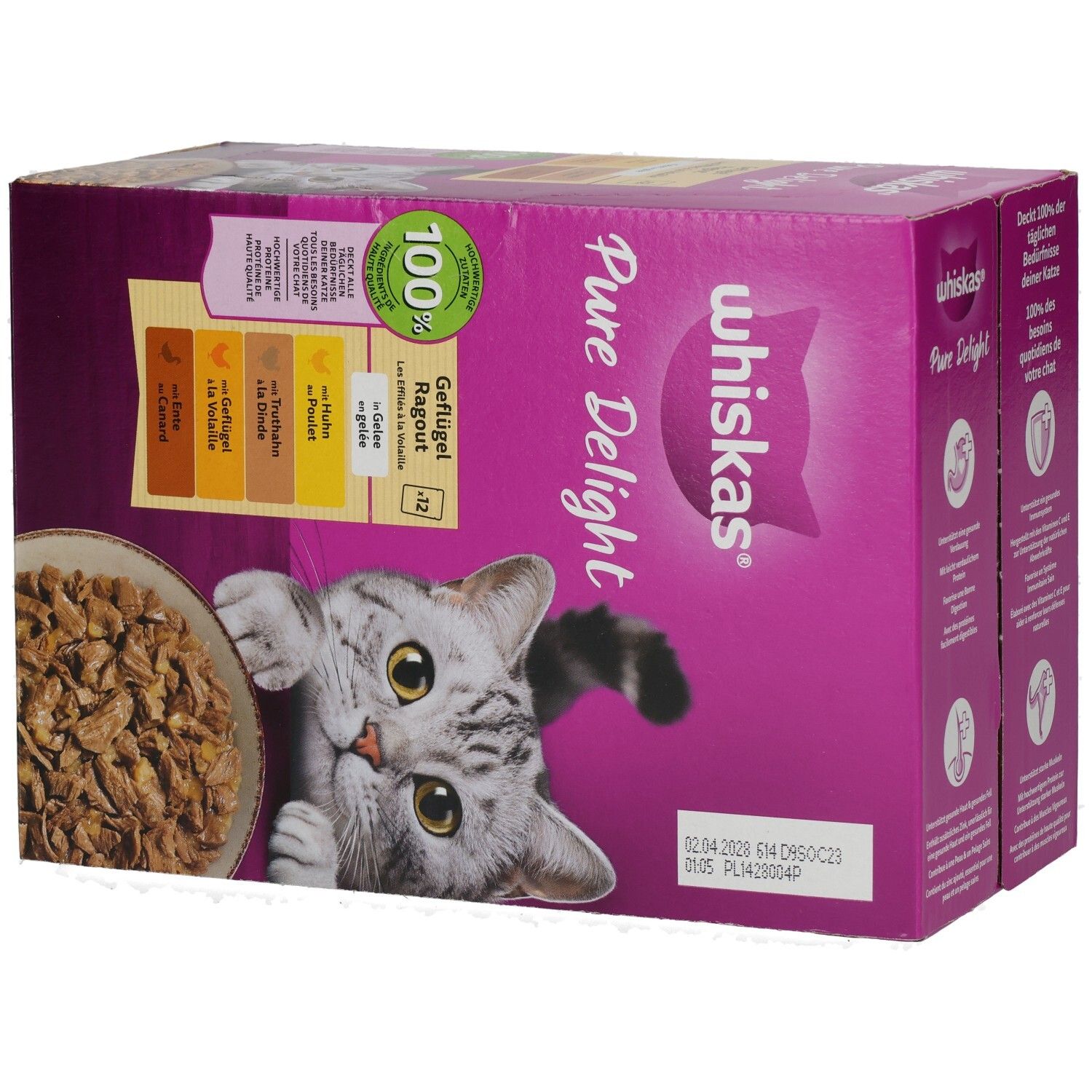 Whiskas Pure Delight Geflügel Ragout in Gelee, 12er Packung, Rückseite mit Produktinformationen.
