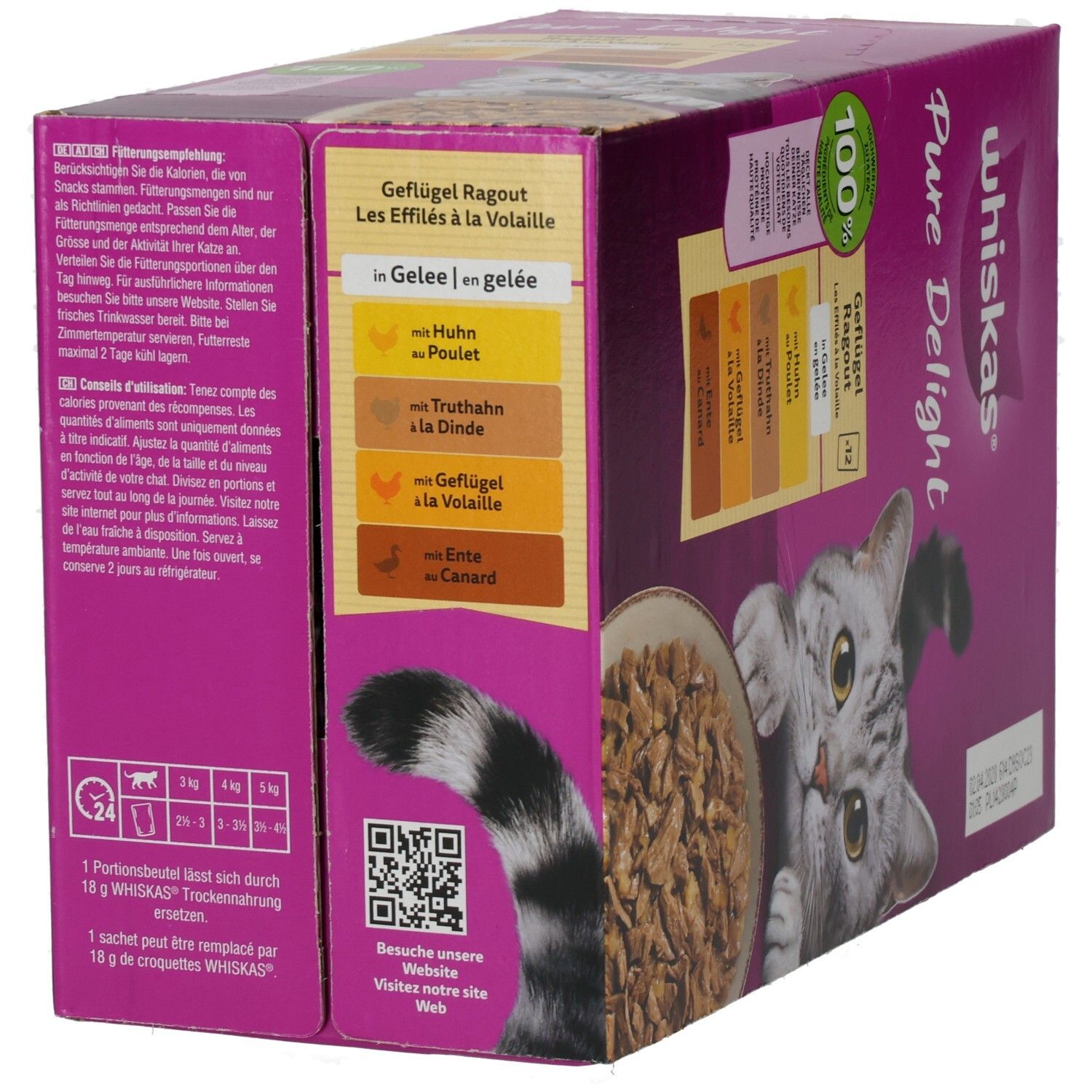 Whiskas Pure Delight Geflügel Ragout in Gelee, 12er Packung, Vorderseite mit Katze und Futter.
