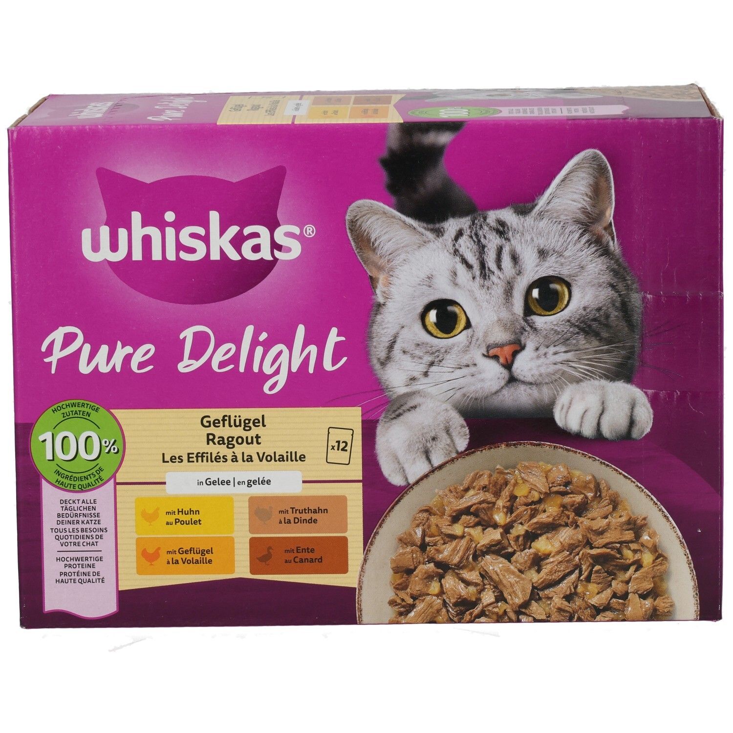 Whiskas Pure Delight Geflügel Ragout in Gelee, 12er Packung, Seitenansicht mit Produktinformationen.