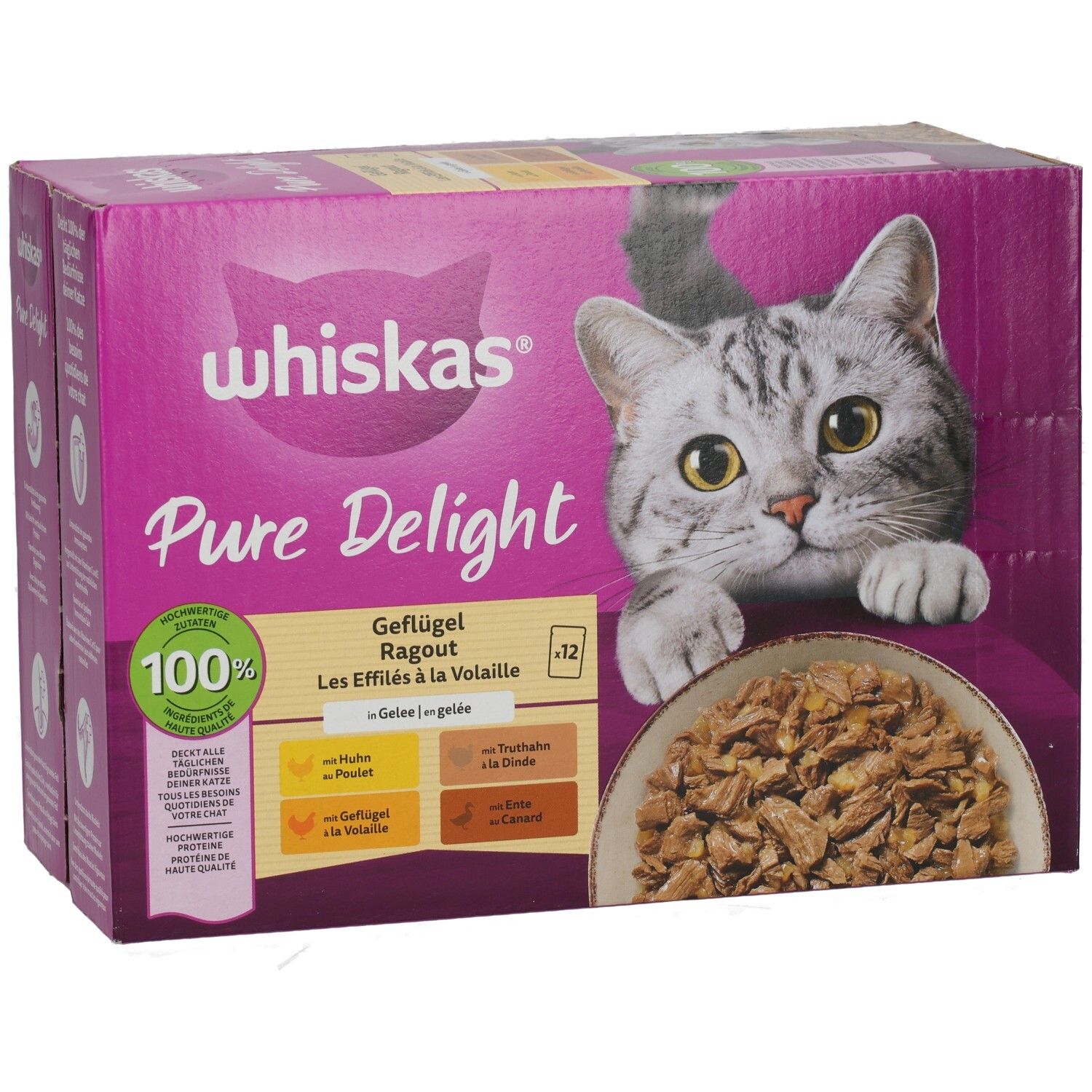 Whiskas Pure Delight Geflügel Ragout in Gelee, 12er Packung, Vorderseite mit Katze und Futter.