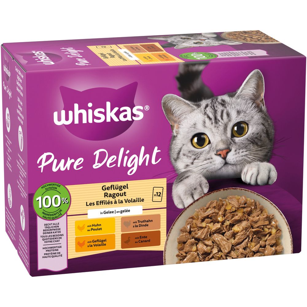 Whiskas Pure Delight Geflügel Ragout in Gelee, 12er Packung, Seitenansicht mit Katze und Futter.