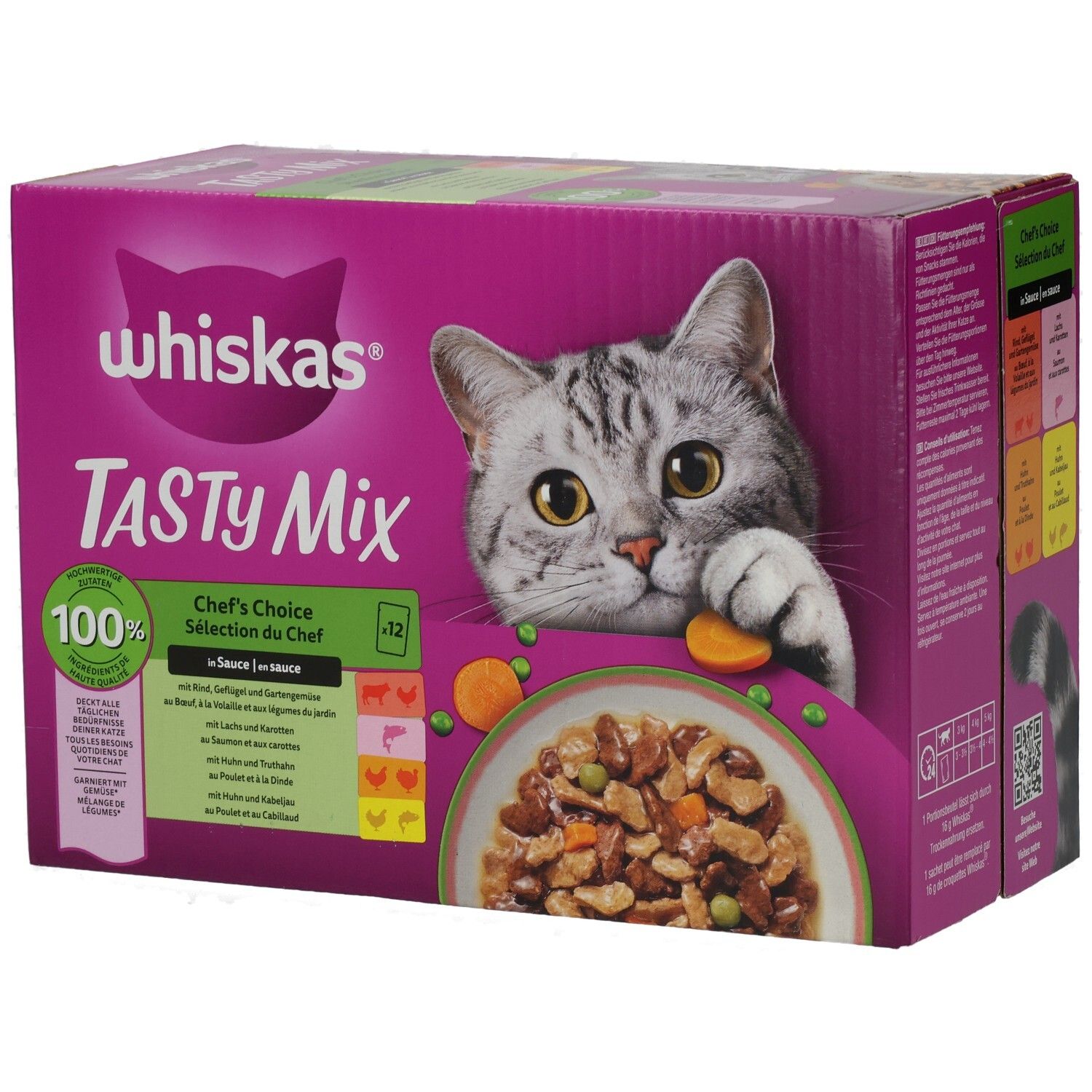 Übersicht verschiedener Whiskas Katzenfutter-Sorten, darunter Tasty Mix, Duo, Aromatic und Kitten.