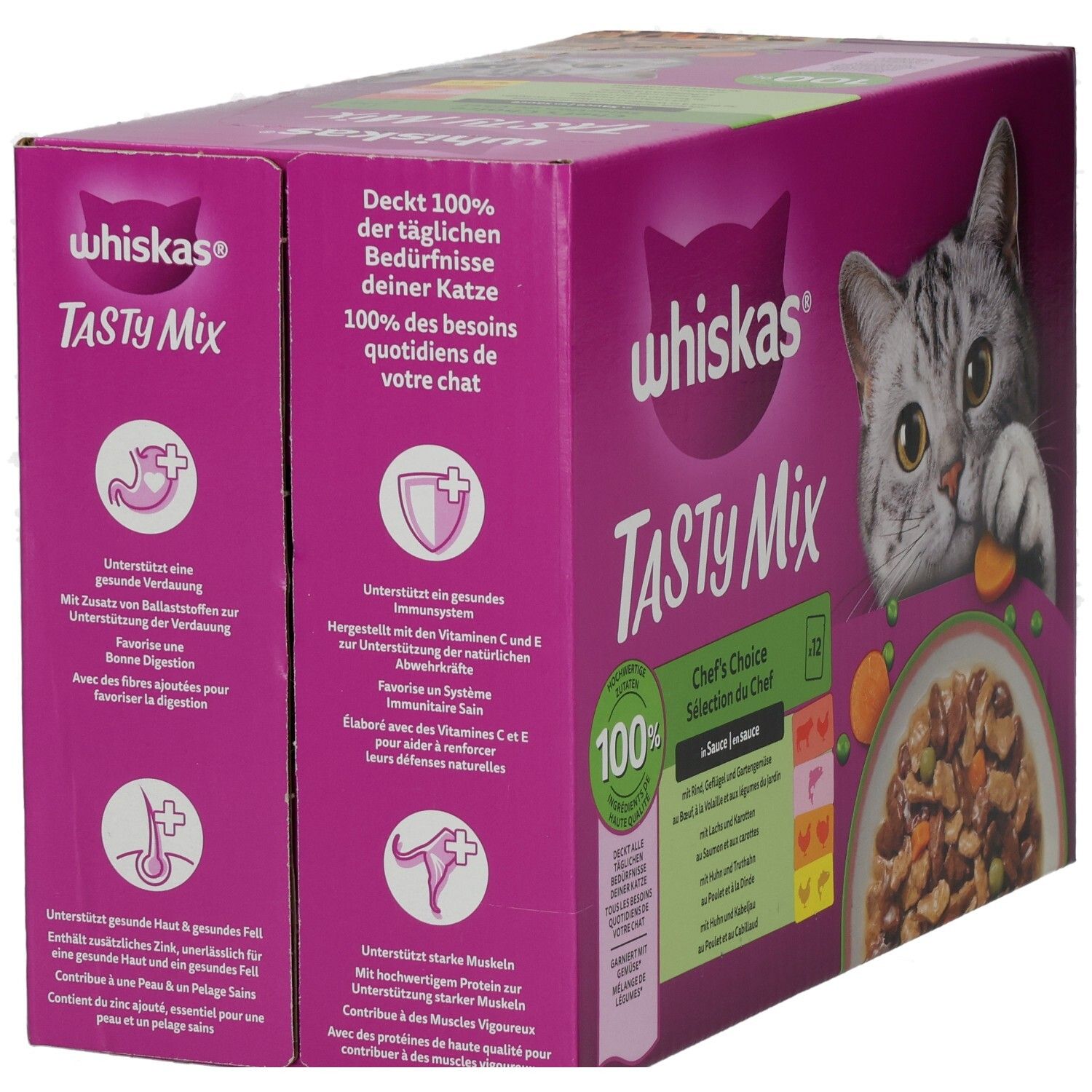 Whiskas Tasty Mix Chef's Choice Katzenfutter-Packung mit 12 Beuteln, mit Rind, Geflügel und Gemüse in Sauce.