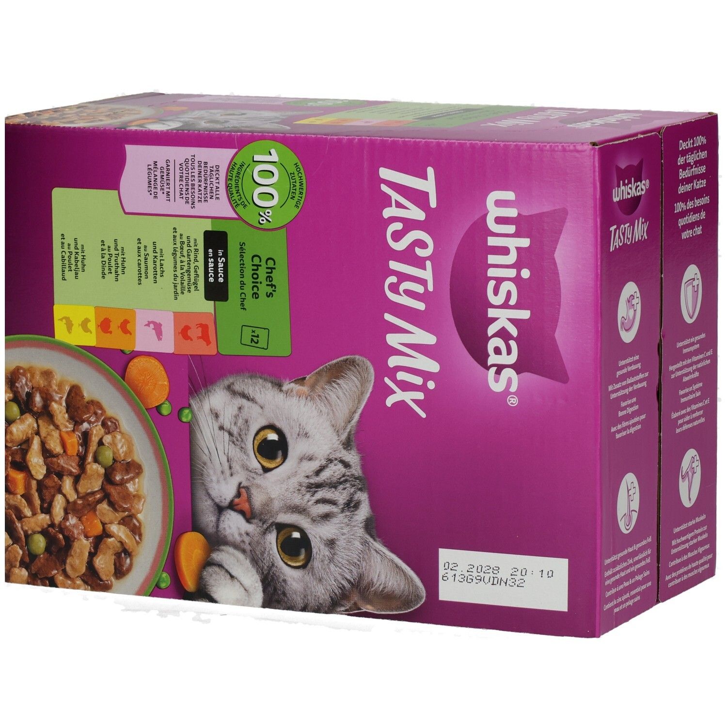 Seitenansicht einer Whiskas Tasty Mix Chef's Choice Katzenfutter-Packung mit Informationen zu Nährstoffen.