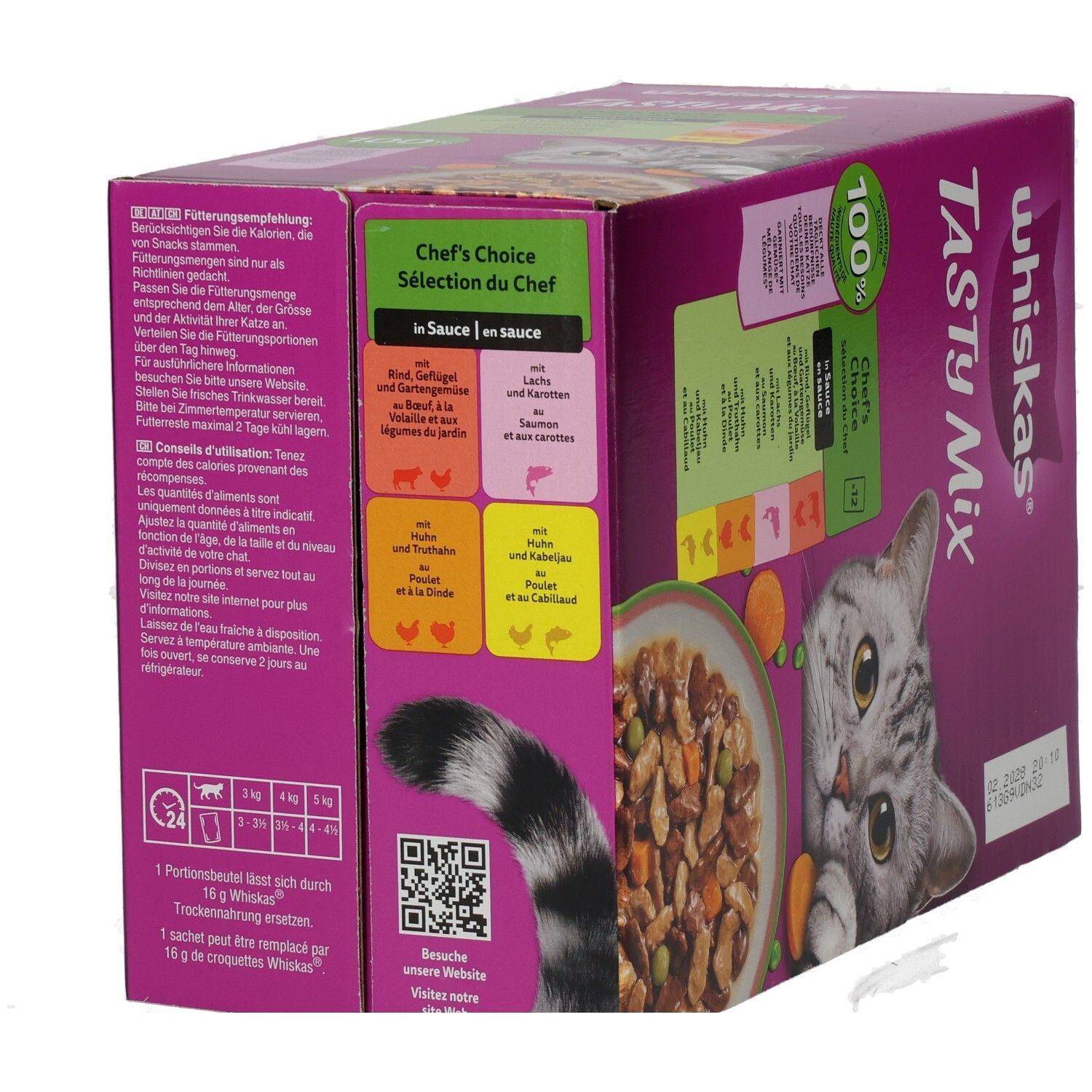 Whiskas Tasty Mix Chef's Choice Katzenfutter-Packung mit 12 Beuteln, mit Rind, Geflügel und Gemüse in Sauce.