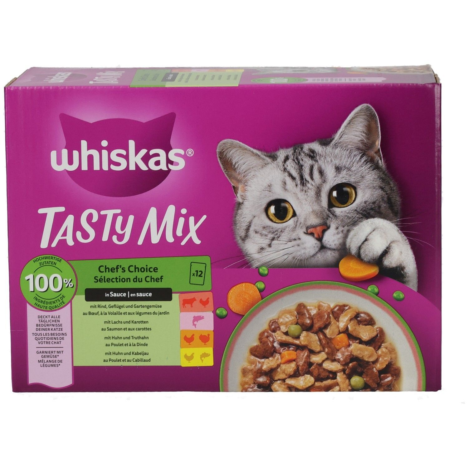 Whiskas Tasty Mix Chef's Choice Katzenfutter-Packung mit 12 Beuteln, mit Rind, Geflügel und Gemüse in Sauce.