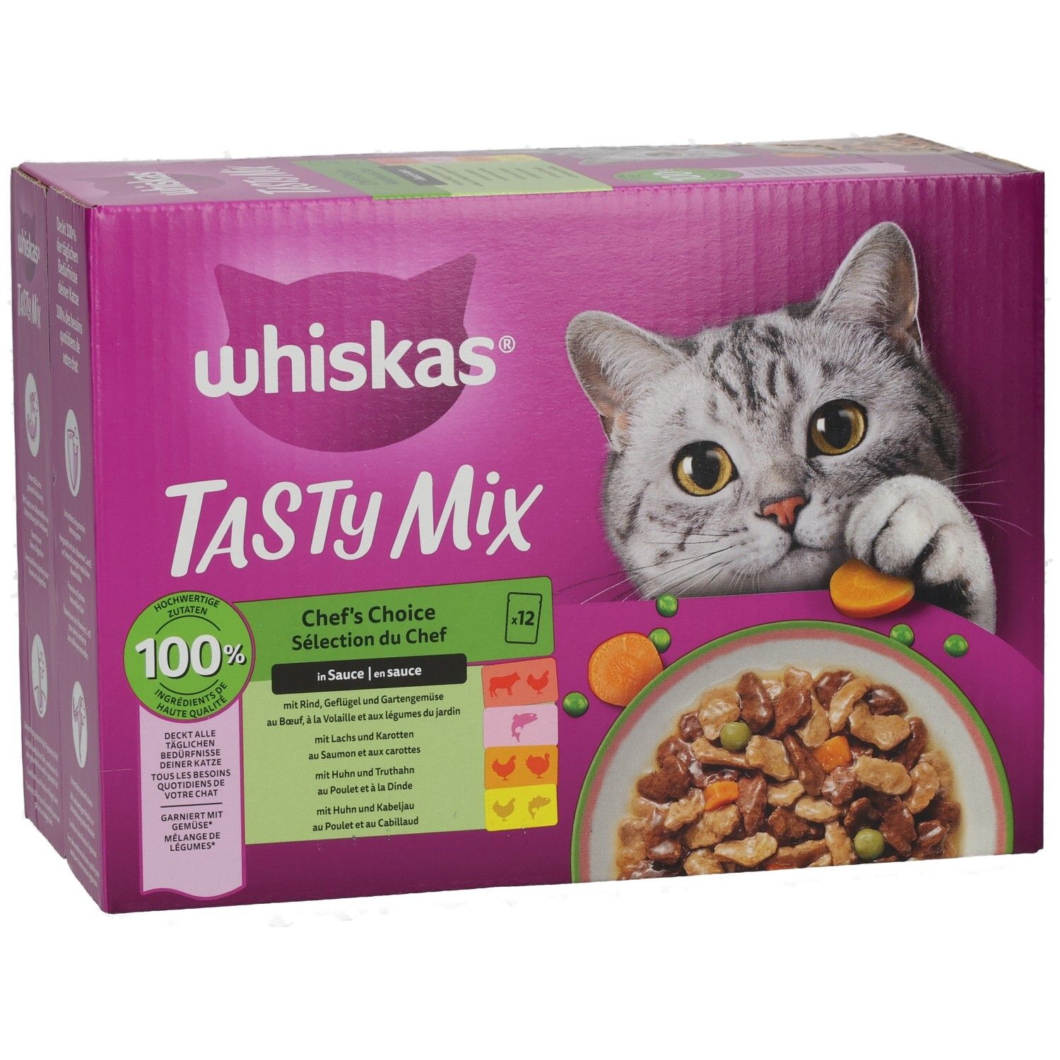 Whiskas Tasty Mix Chef's Choice Katzenfutter-Packung mit 12 Beuteln, mit Rind, Geflügel und Gemüse in Sauce.