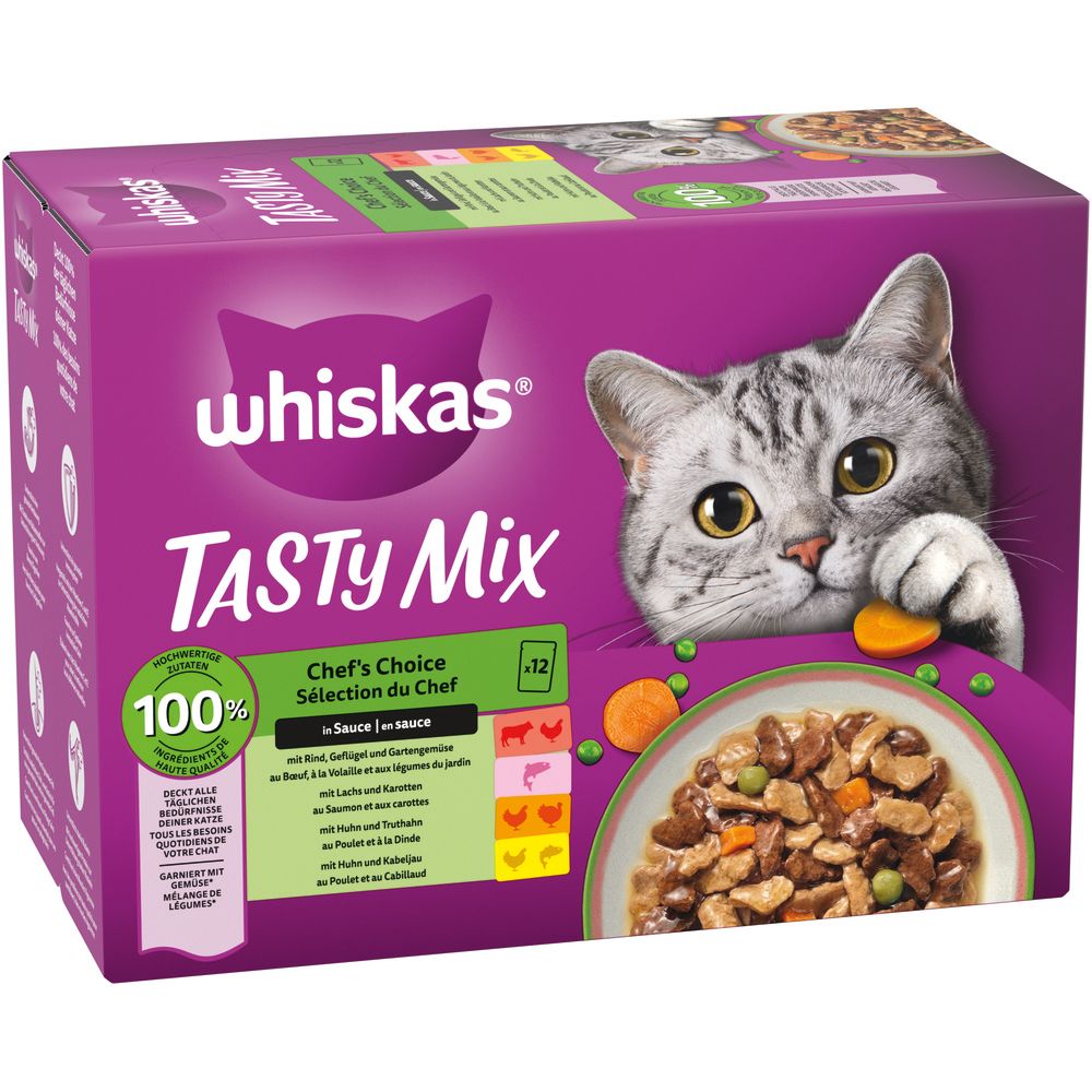 Whiskas Tasty Mix Chef's Choice Katzenfutter-Packung mit 12 Beuteln, mit Rind, Geflügel und Gemüse in Sauce.