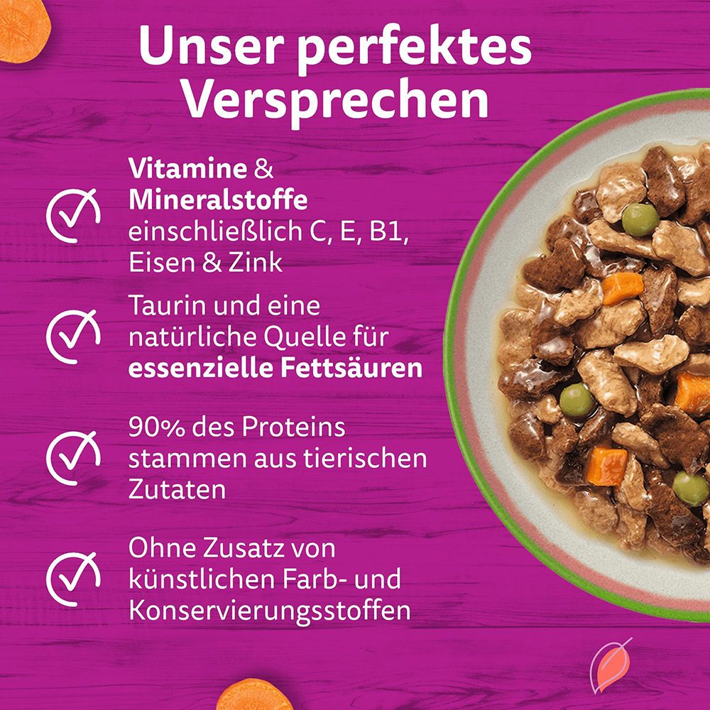 Whiskas Tasty Mix Chef's Choice: Vitamine, Mineralstoffe, Taurin, 90% Protein aus tierischen Zutaten, ohne künstliche Farb-/Konservierungsstoffe.