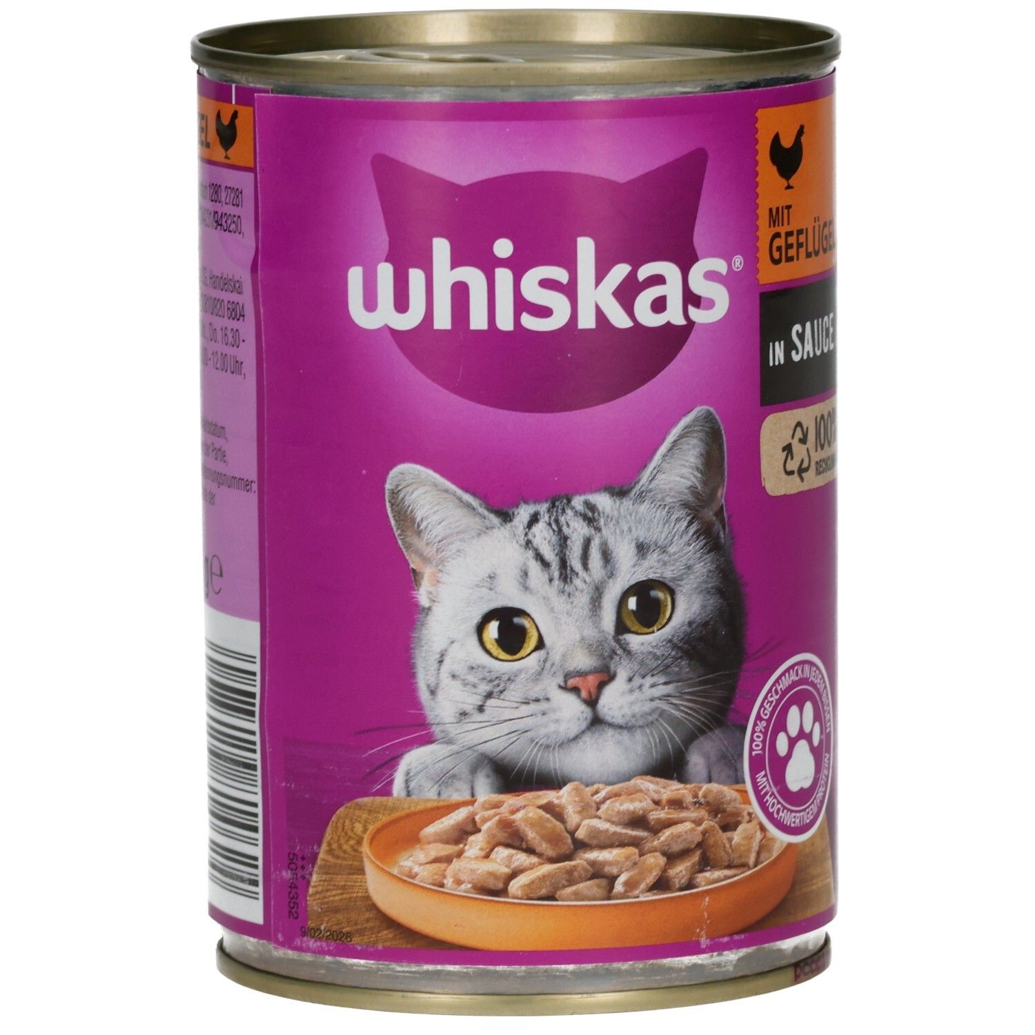 Rückseite einer Whiskas Katzennahrung-Dose mit Fütterungsempfehlungen und Produktinformationen.