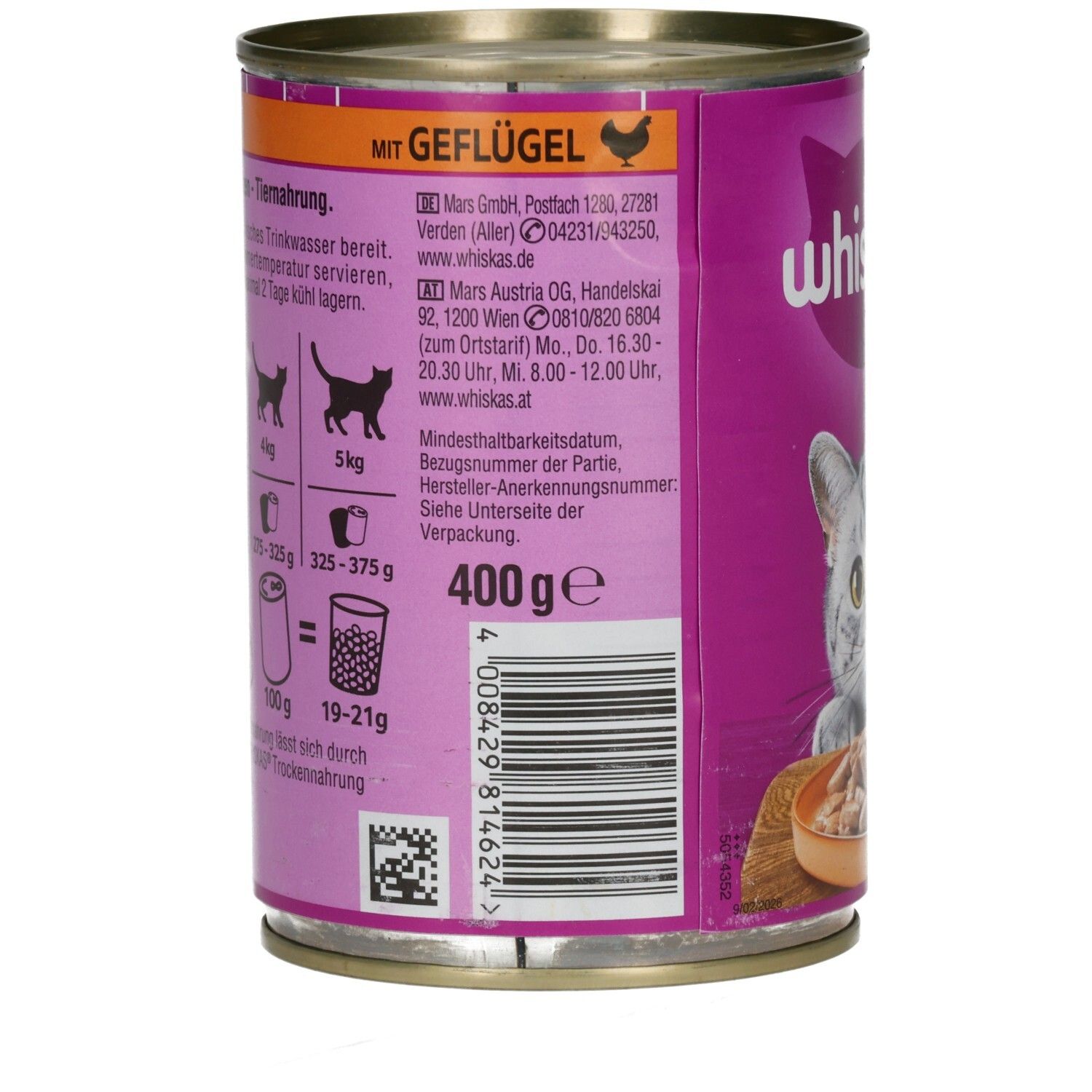 Seitenansicht einer Whiskas Katzennahrung-Dose mit detaillierten Nährwertangaben und Inhaltsstoffen.