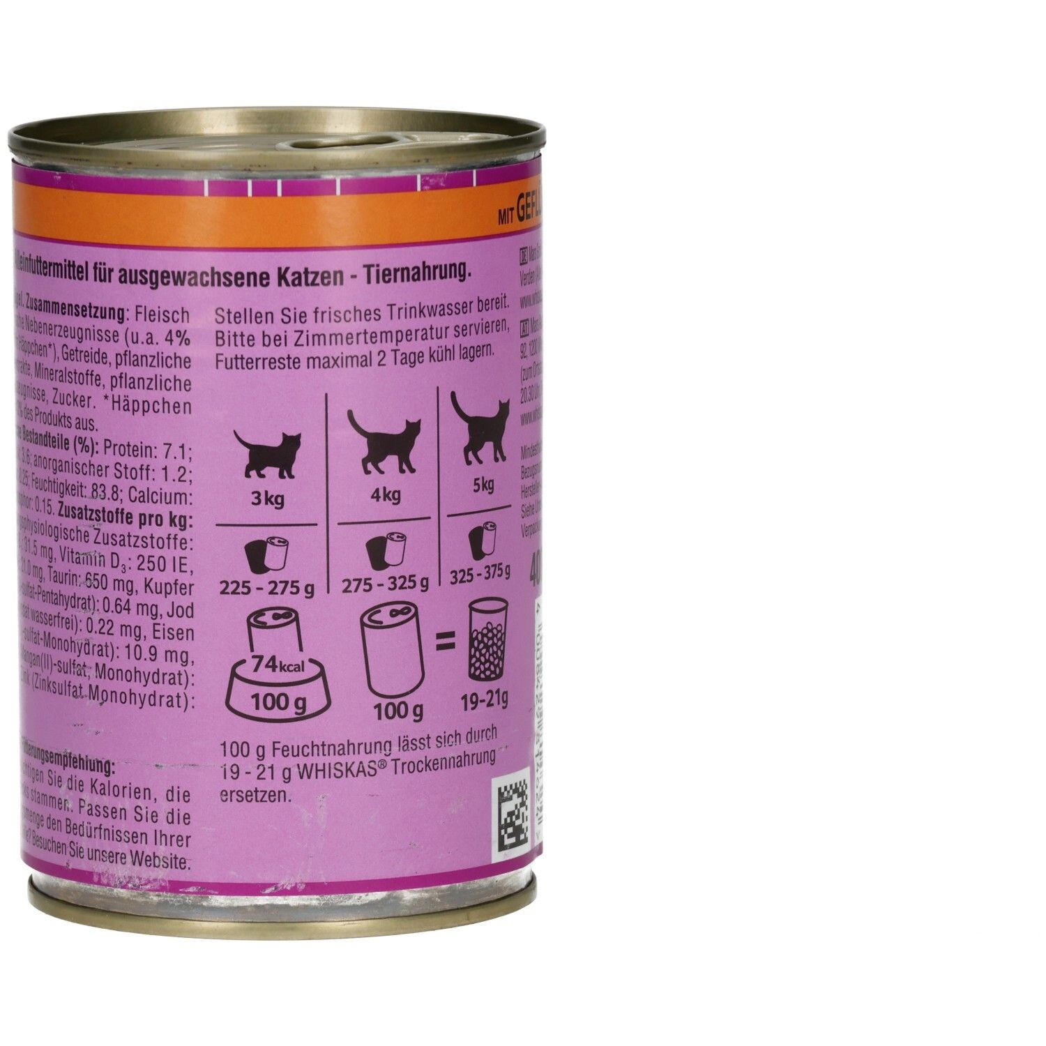 Seitenansicht einer Whiskas Katzennahrung-Dose mit Fütterungstabellen und Produktinformationen.