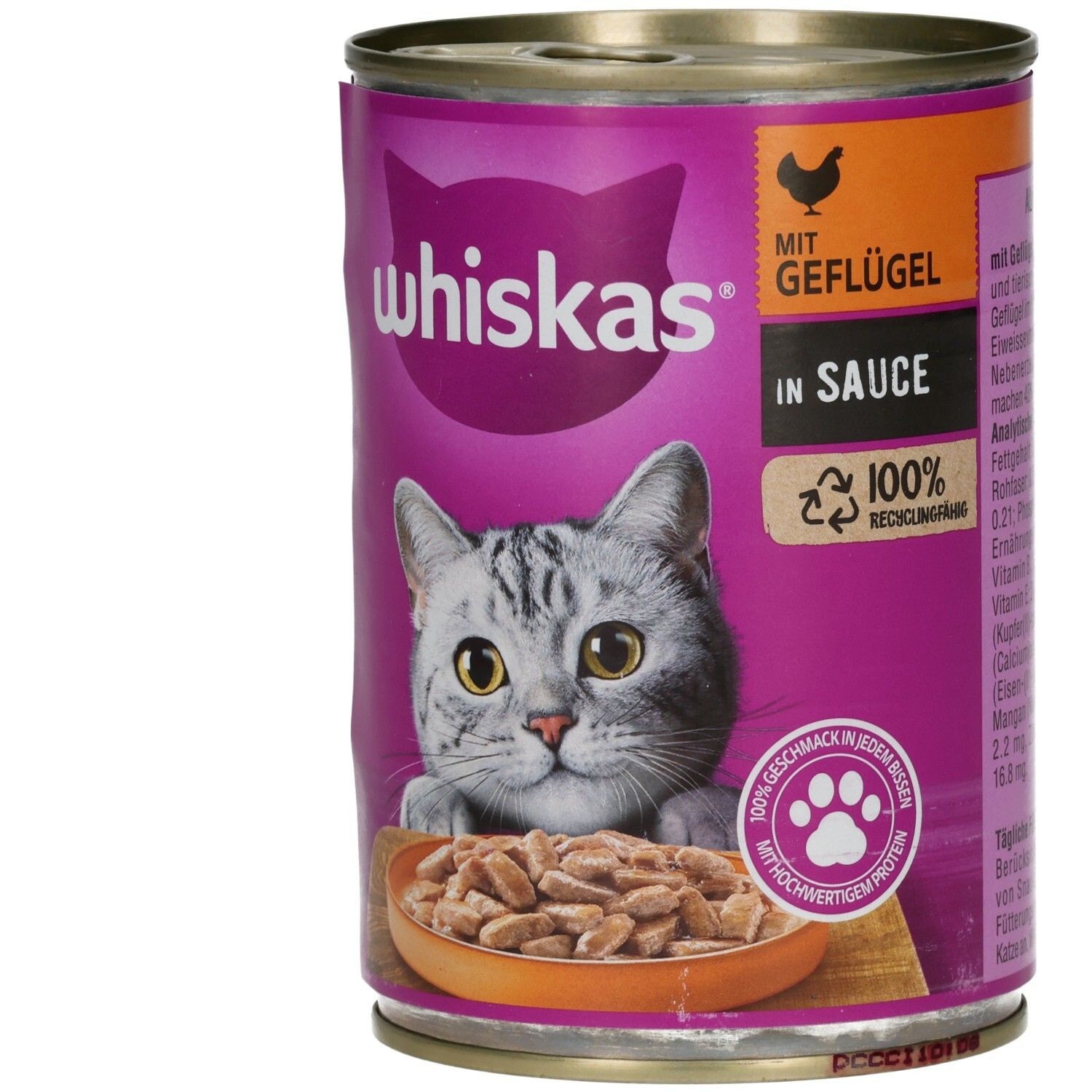 Vorderseite einer Whiskas Katzennahrung-Dose mit Katzenmotiv, Produktabbildung und Geflügelhinweis.