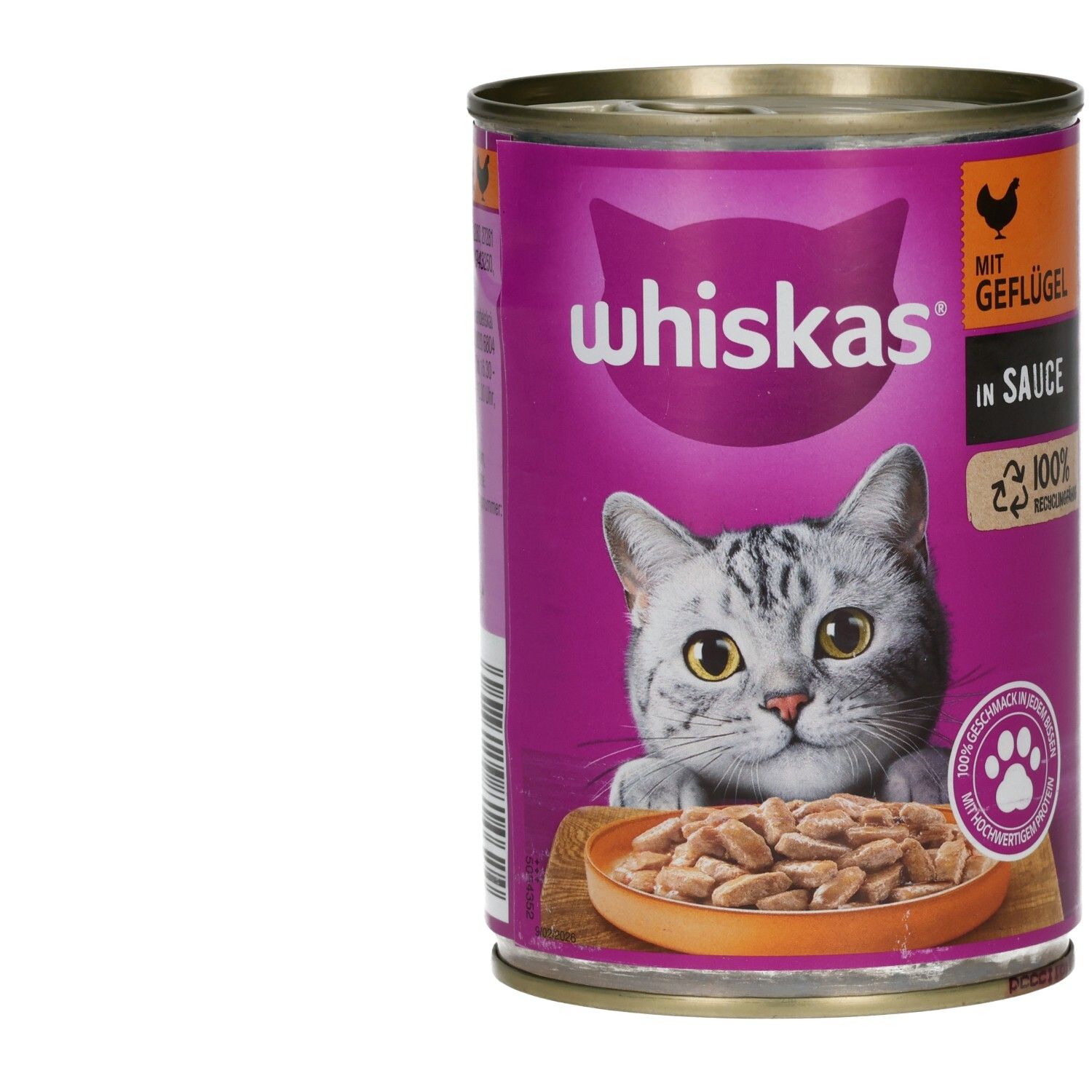 Vorderseite einer Whiskas Katzennahrung-Dose mit Katzenmotiv, Produktabbildung und Hinweis 'in Sauce'.