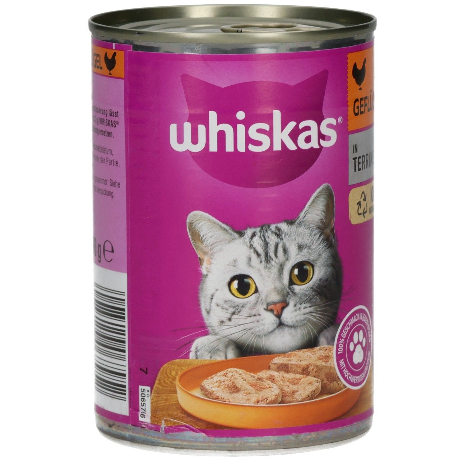 Whiskas Katzennahrung in Terrine mit Geflügel, 400g Dose, Rückseite mit Fütterungsempfehlung.