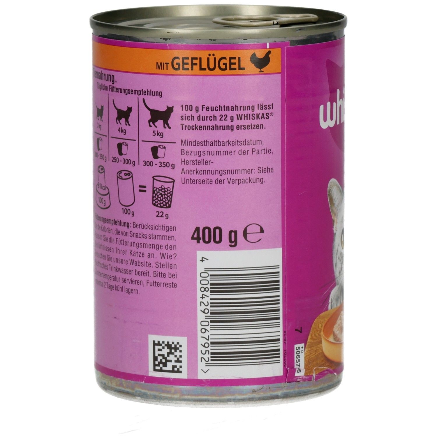 Whiskas Katzennahrung in Terrine mit Geflügel, 400g Dose, Seitenansicht mit Zutatenliste.