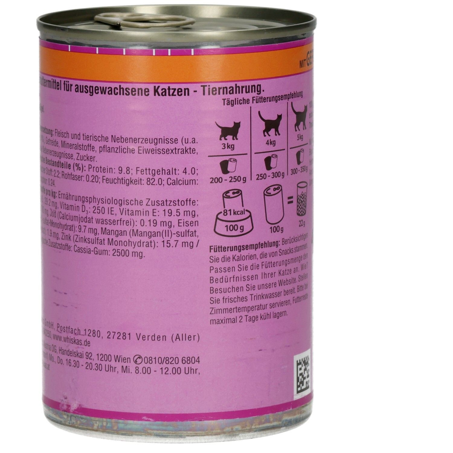 Whiskas Katzennahrung in Terrine mit Geflügel, 400g Dose, Rückseite mit detaillierten Nährwertangaben.