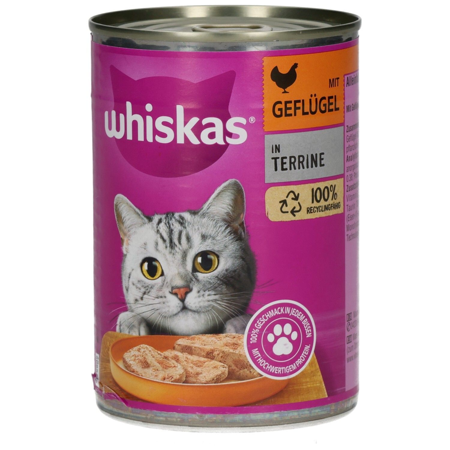Whiskas Katzennahrung in Terrine mit Geflügel, 400g Dose, Vorderseite mit Katzenmotiv.
