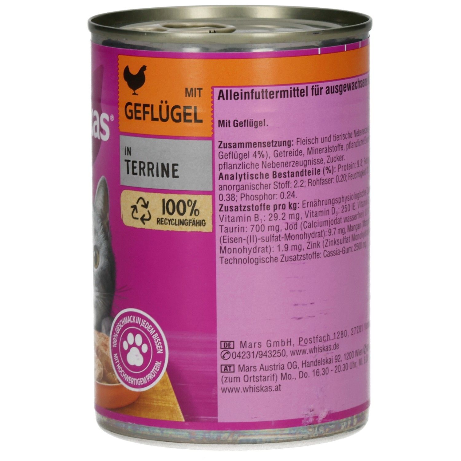 Whiskas Katzennahrung in Terrine mit Geflügel, 400g Dose, Seitenansicht mit Recycling-Symbol.