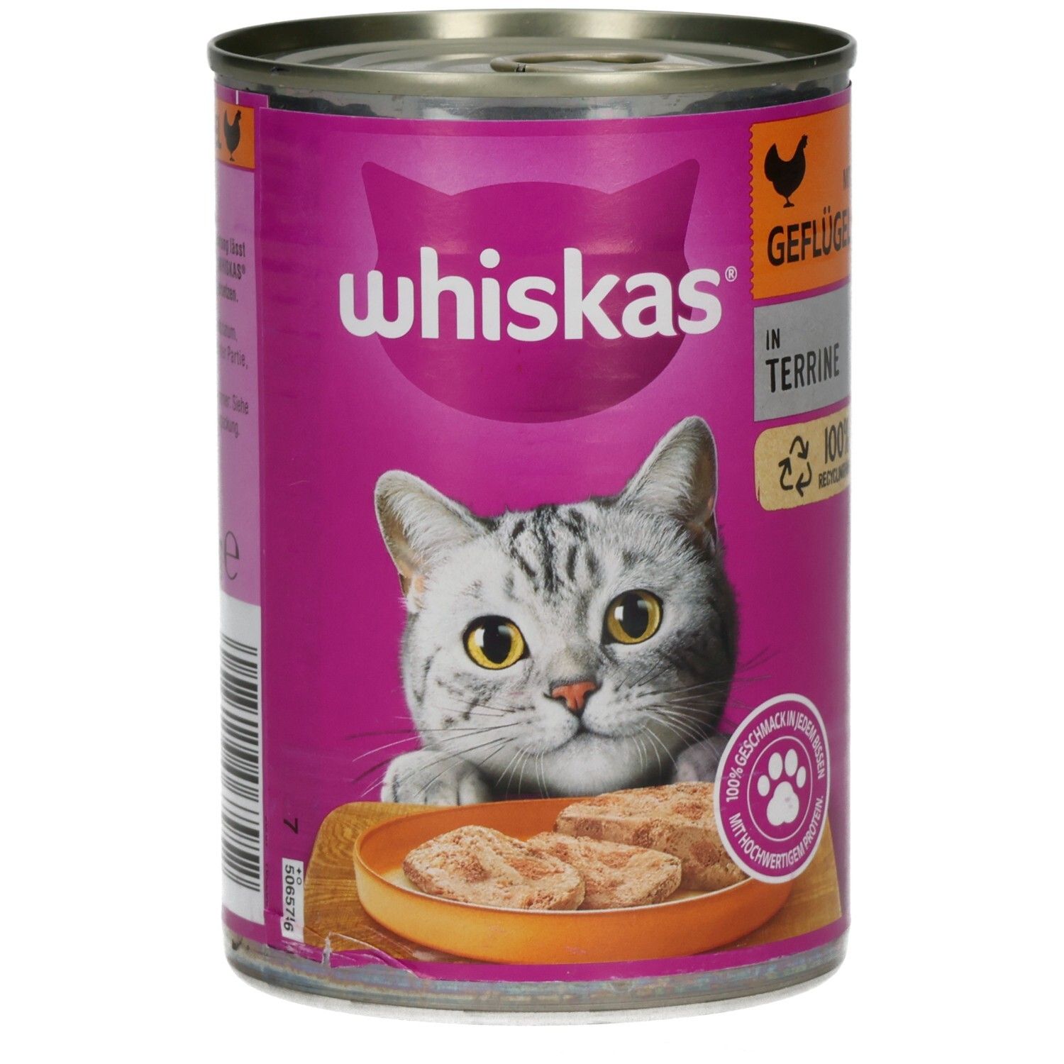 Whiskas Katzennahrung in Terrine mit Geflügel, 400g Dose, Vorderseite mit Produktbild.