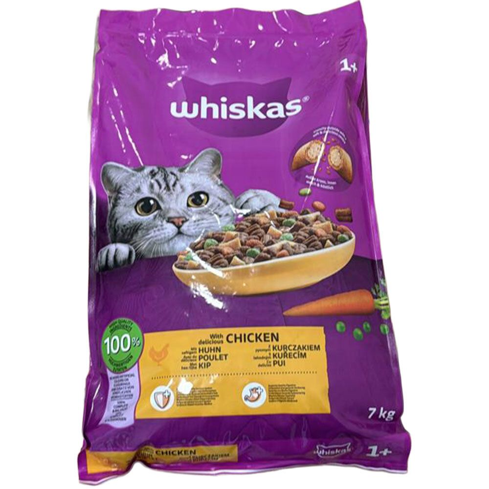 Whiskas Trockenfutter mit Huhn für Katzen, 7 kg Beutel mit Katzenmotiv und Schüssel voller Futter.