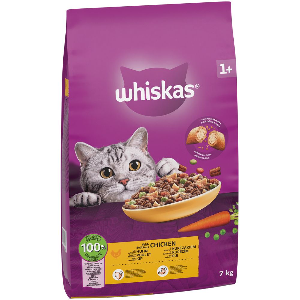 Whiskas Trockenfutter mit Huhn für Katzen, 7 kg Beutel mit Katzenmotiv und Schüssel voller Futter.