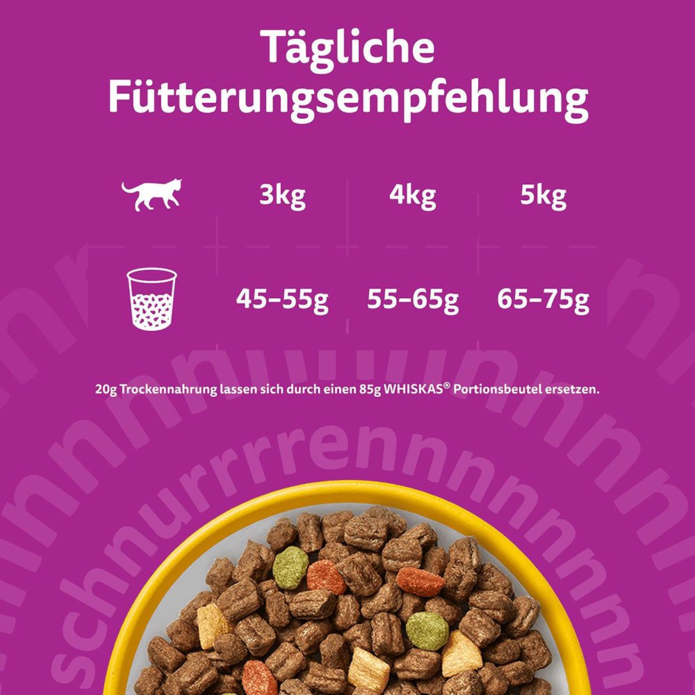 Whiskas Trockenfutter mit Huhn: Fütterungsempfehlung für Katzen von 3-5 kg.