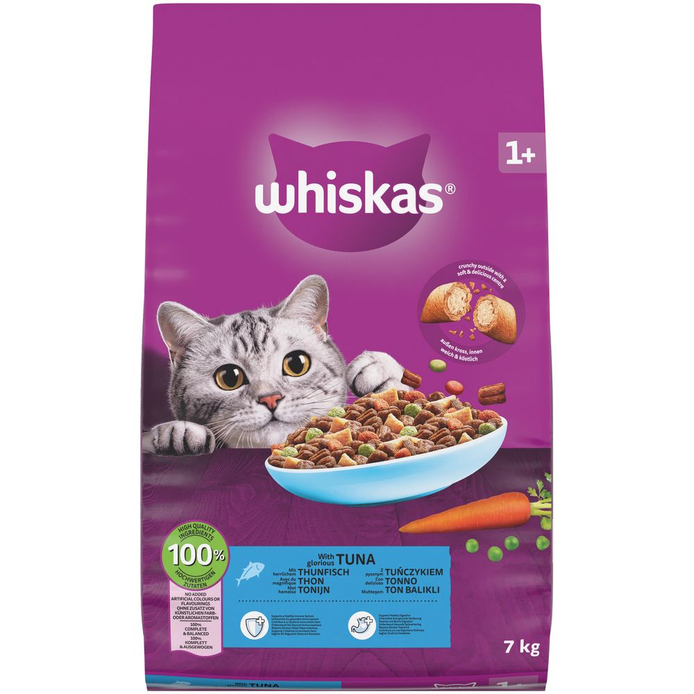Whiskas Trockenfutter mit Thunfisch, 7 kg Beutel mit Katze und Schüssel voller Futter.