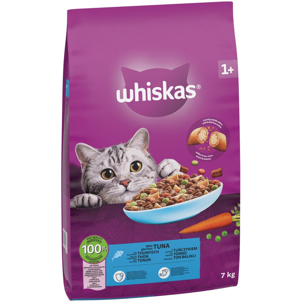 Whiskas Trockenfutter mit Thunfisch, 7 kg Beutel mit Katze und Schüssel voller Futter.
