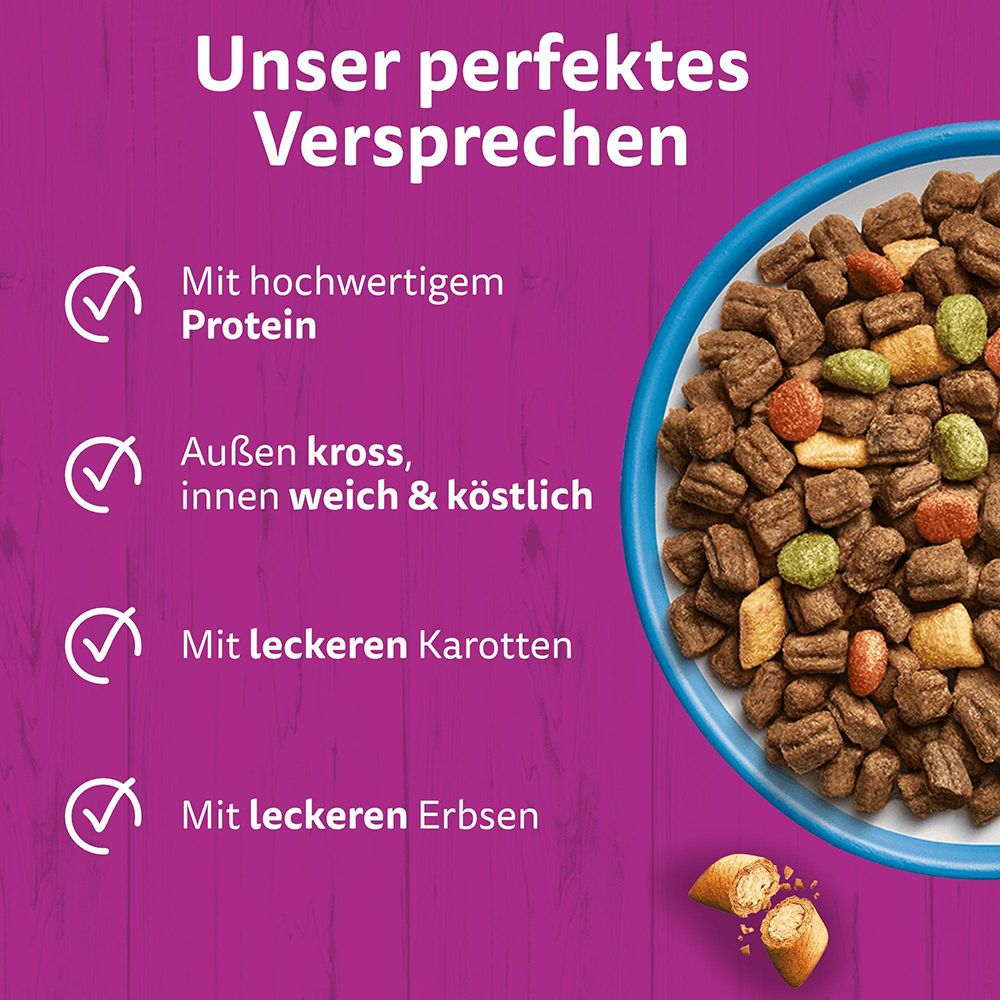 Whiskas Trockenfutter: Hochwertiges Protein, außen knusprig, innen weich, mit Karotten und Erbsen.