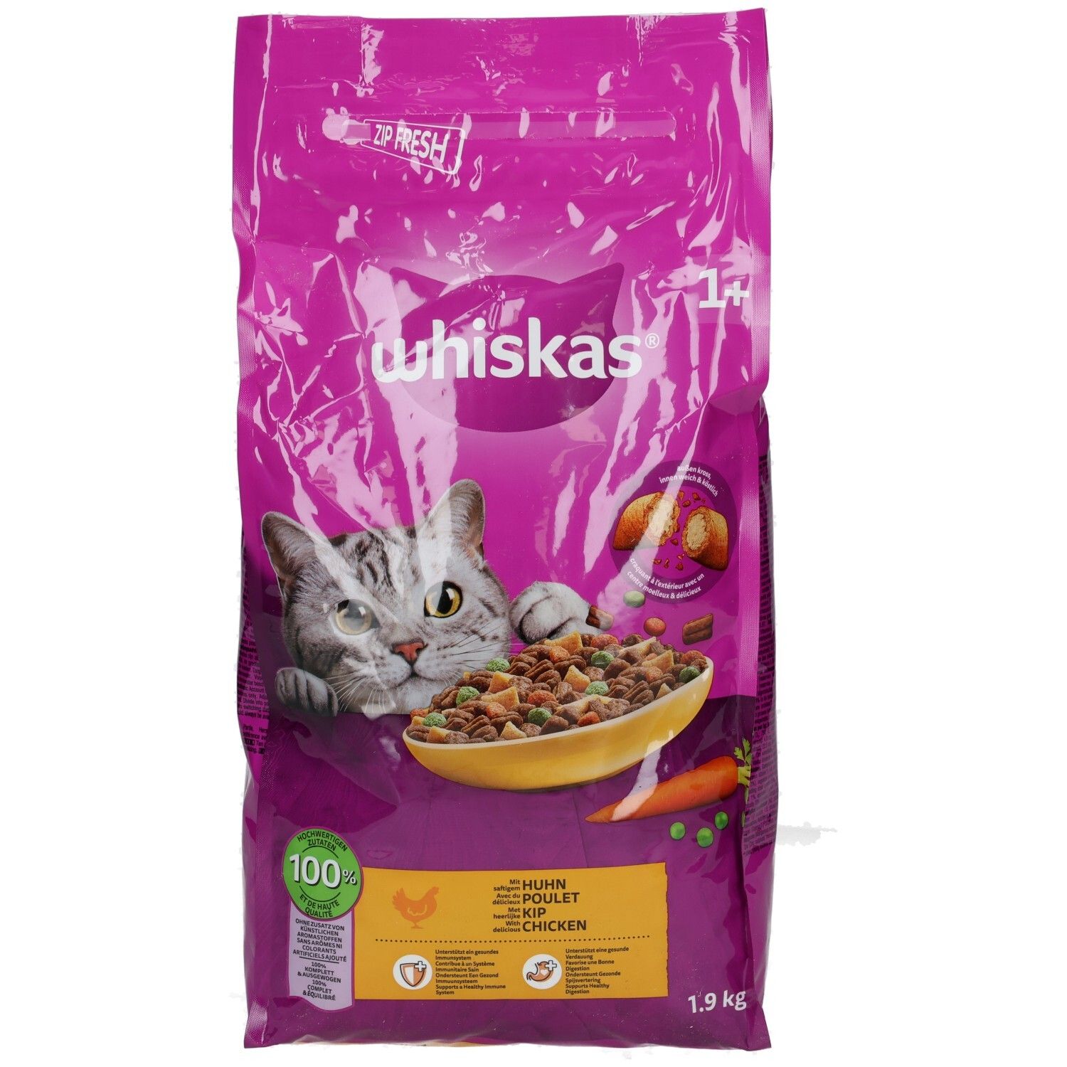Whiskas Trocken mit Huhn 1+ Katzenfutter, 1,9kg Beutel. Zeigt eine Schüssel mit Futter und eine Katze.