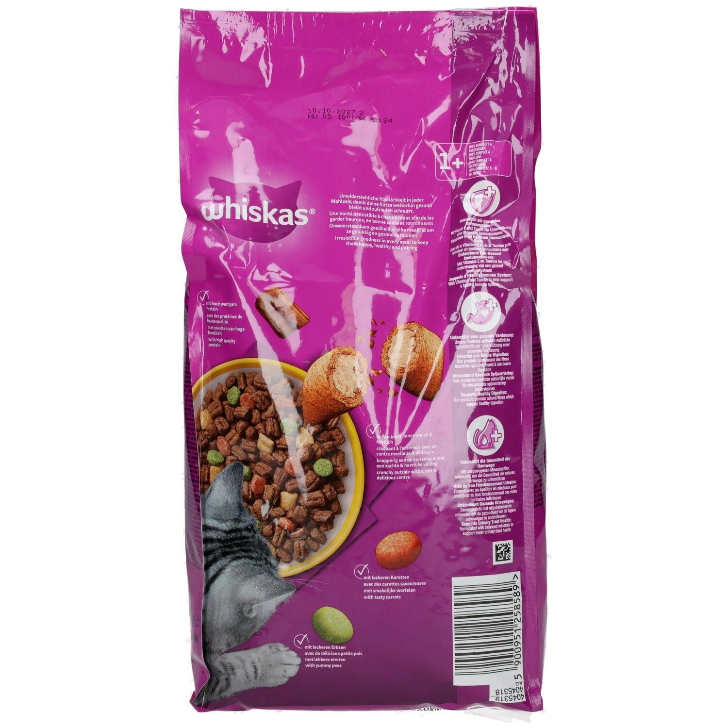 Rückseite des Whiskas Trocken mit Huhn 1+ Katzenfutter Beutels, 1,9kg. Enthält Nährwertinformationen und Zutaten.