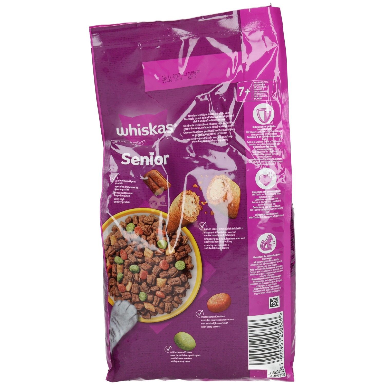Rückseite Whiskas Senior Trockenfutter mit Huhn, 1,9kg Beutel. Enthält Nährwertangaben und Inhaltsstoffe.