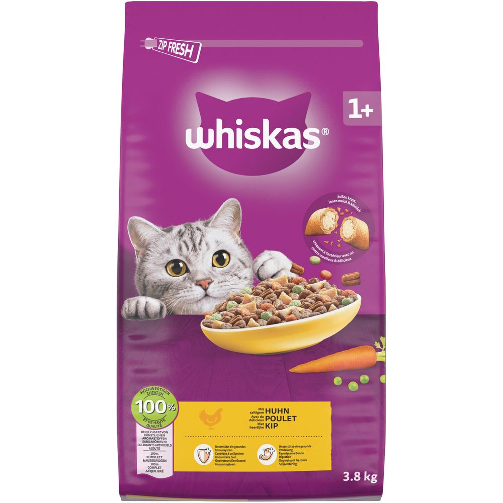 Whiskas Trockenfutter mit Huhn, 3,8kg Beutel mit Katze und Schüssel Futter.