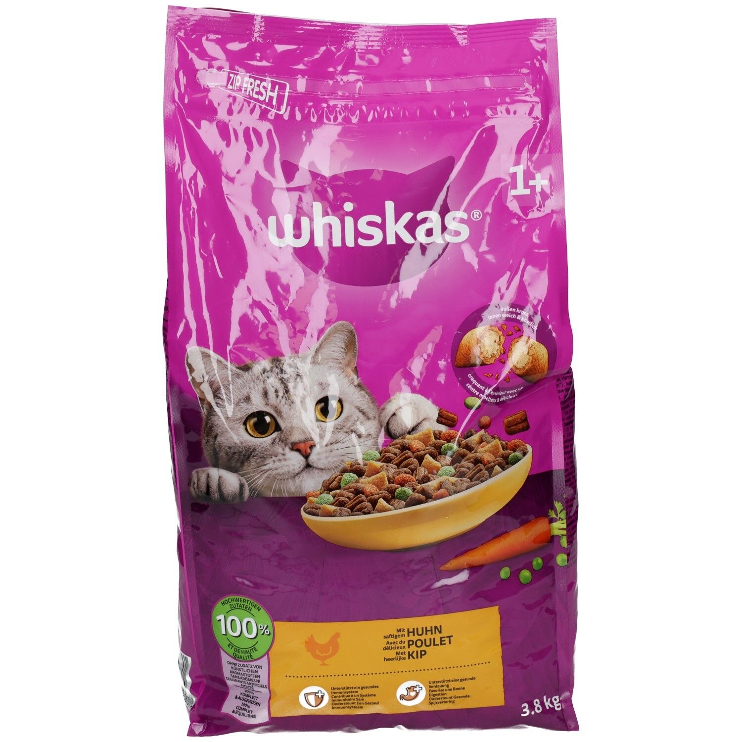 Whiskas Trockenfutter mit Huhn, 3,8kg Beutel mit Katze und Schüssel Futter.