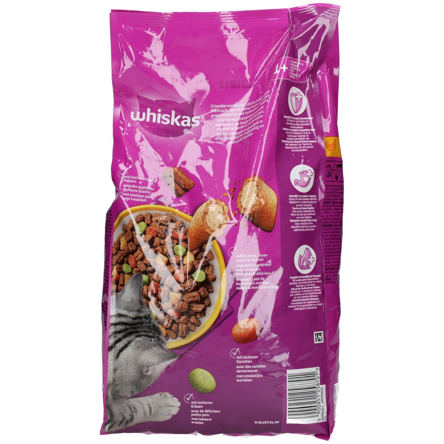 Rückseite Whiskas Trockenfutter mit Huhn, 3,8kg Beutel mit Nährwertangaben.