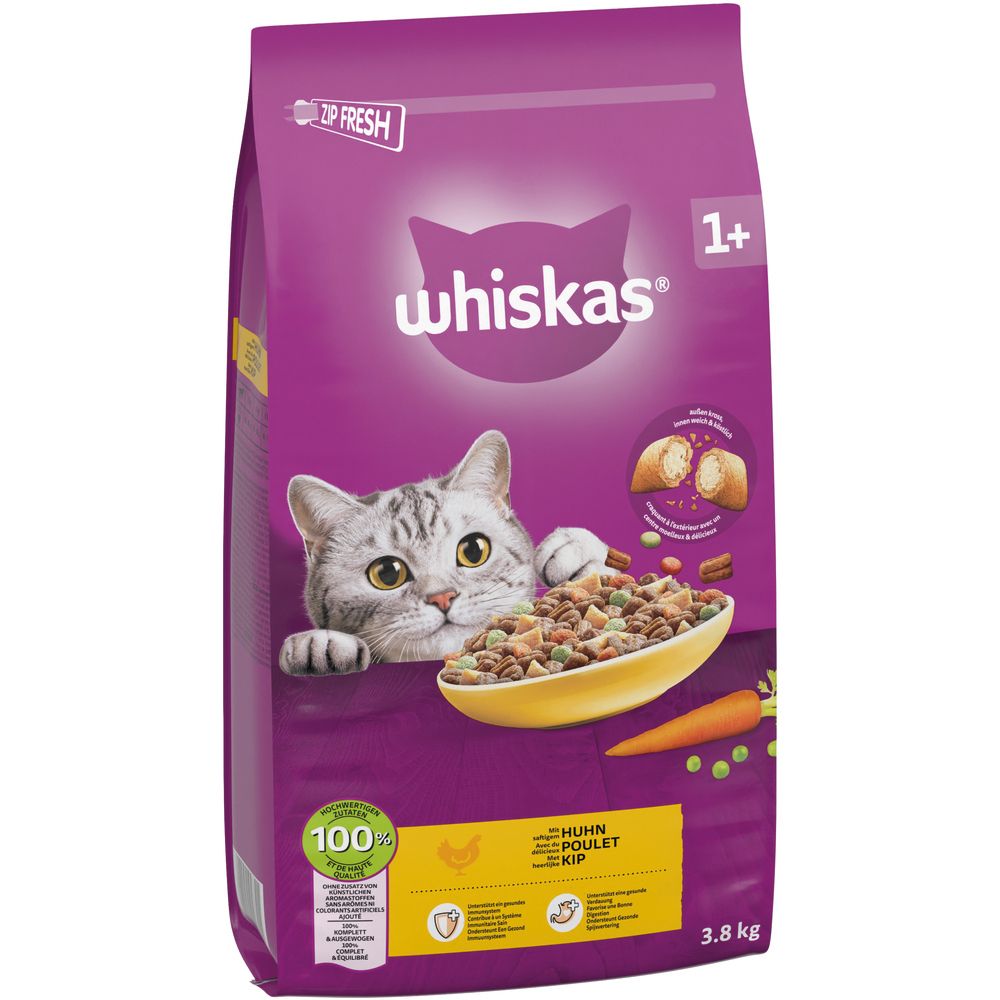 Whiskas Trockenfutter mit Huhn, 3,8kg Beutel mit Katze und Schüssel Futter.