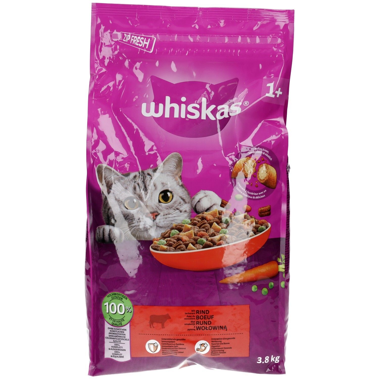 Whiskas Trockenfutter mit Rind, 3,8kg Beutel. Rückseite mit Produktinformationen.