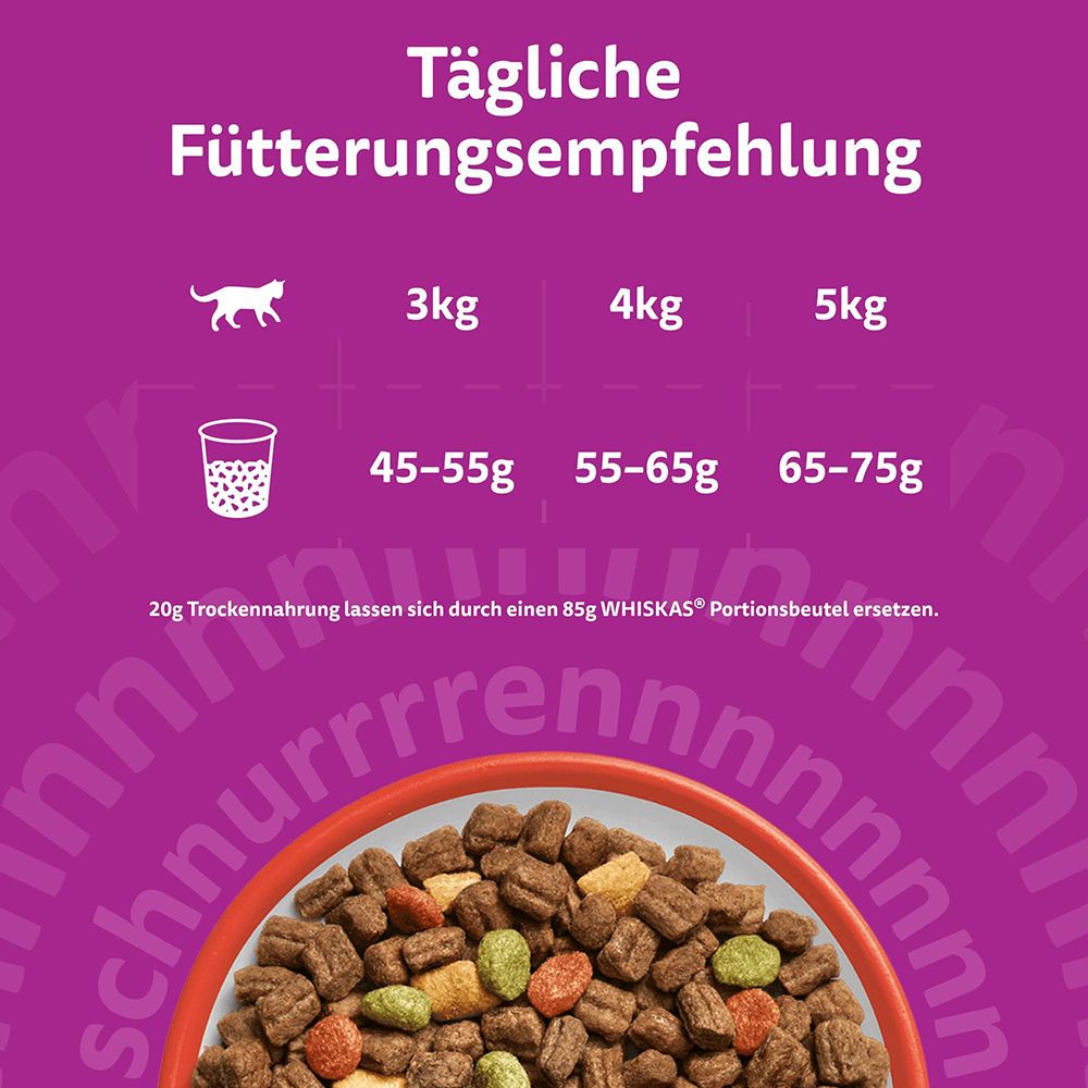Fütterungsempfehlung Whiskas Trockenfutter für Katzen nach Gewicht: 3kg, 4kg, 5kg.