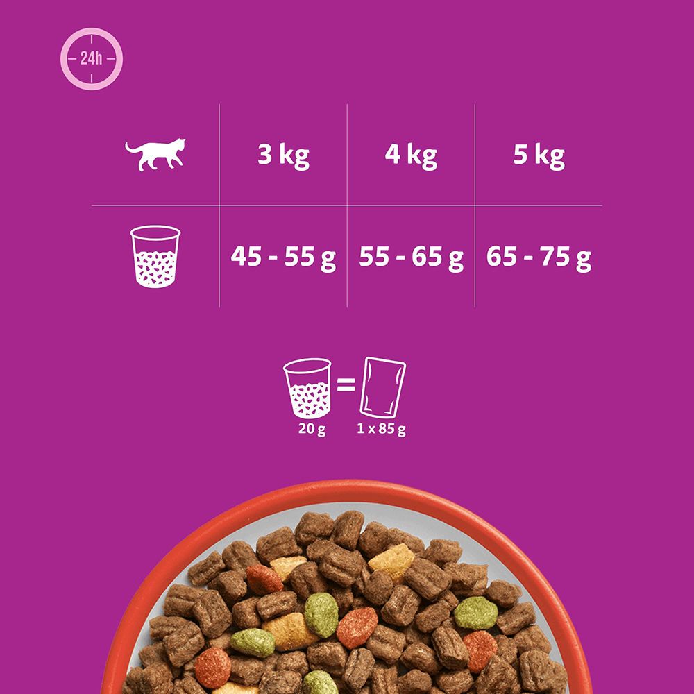 Fütterungsempfehlung Whiskas Trockenfutter: 20g Trockennahrung = 1x 85g Portionsbeutel.