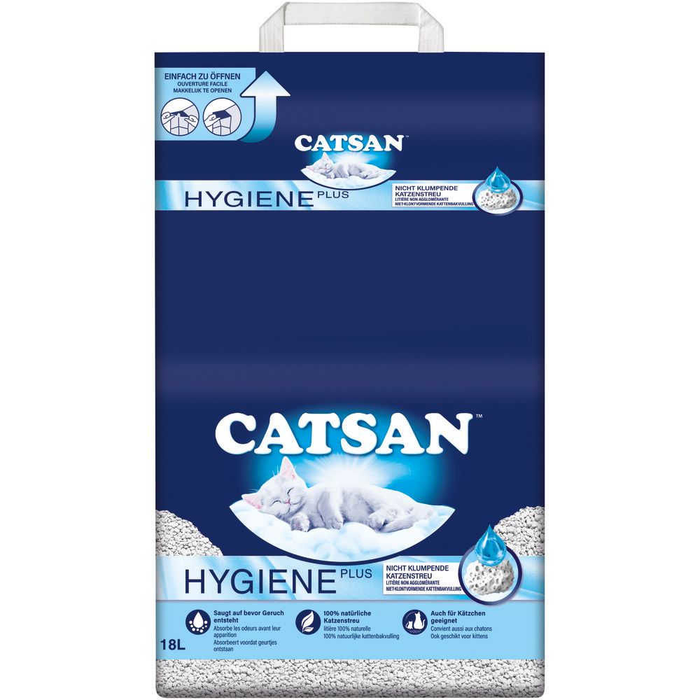 CATSAN Hygiene Plus Katzenstreu-Verpackung mit einem schlafenden Kätzchen auf einer Decke.