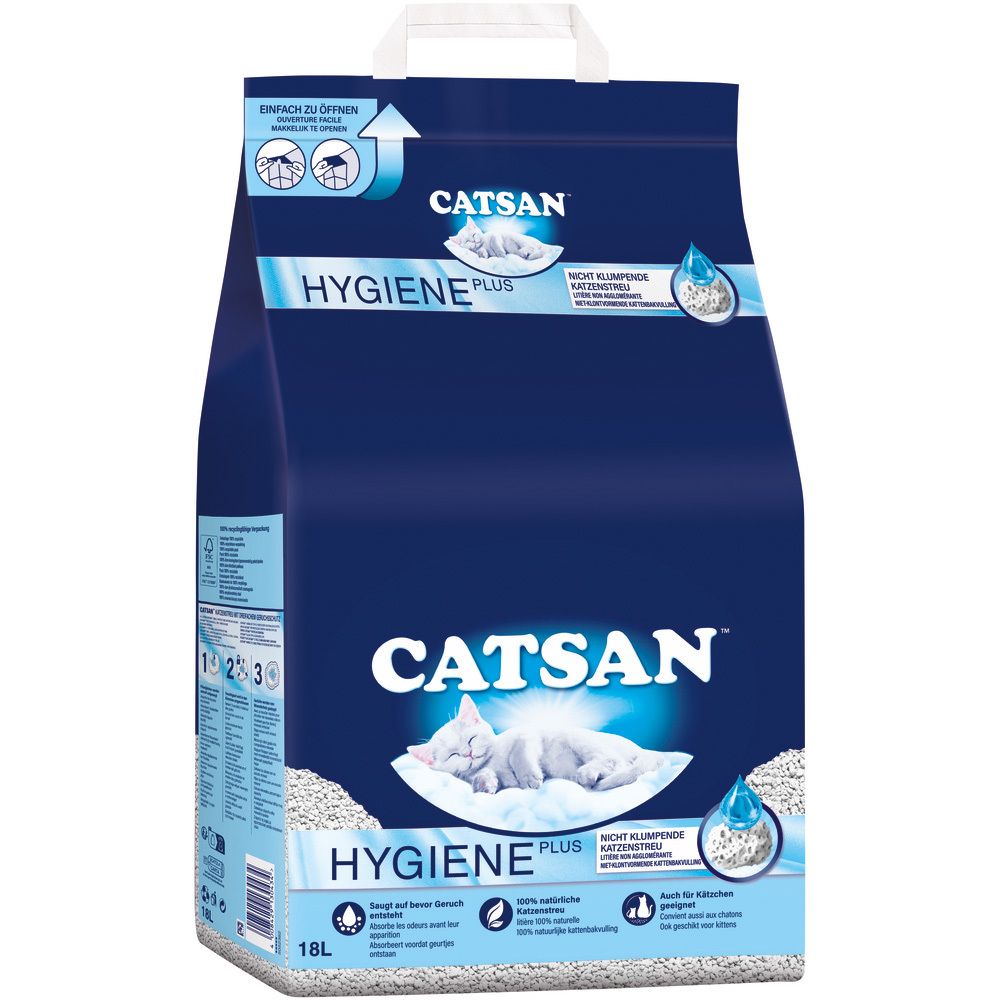 Rückseite der CATSAN Hygiene Plus Katzenstreu-Verpackung mit Anwendungshinweisen und Produktmerkmalen.