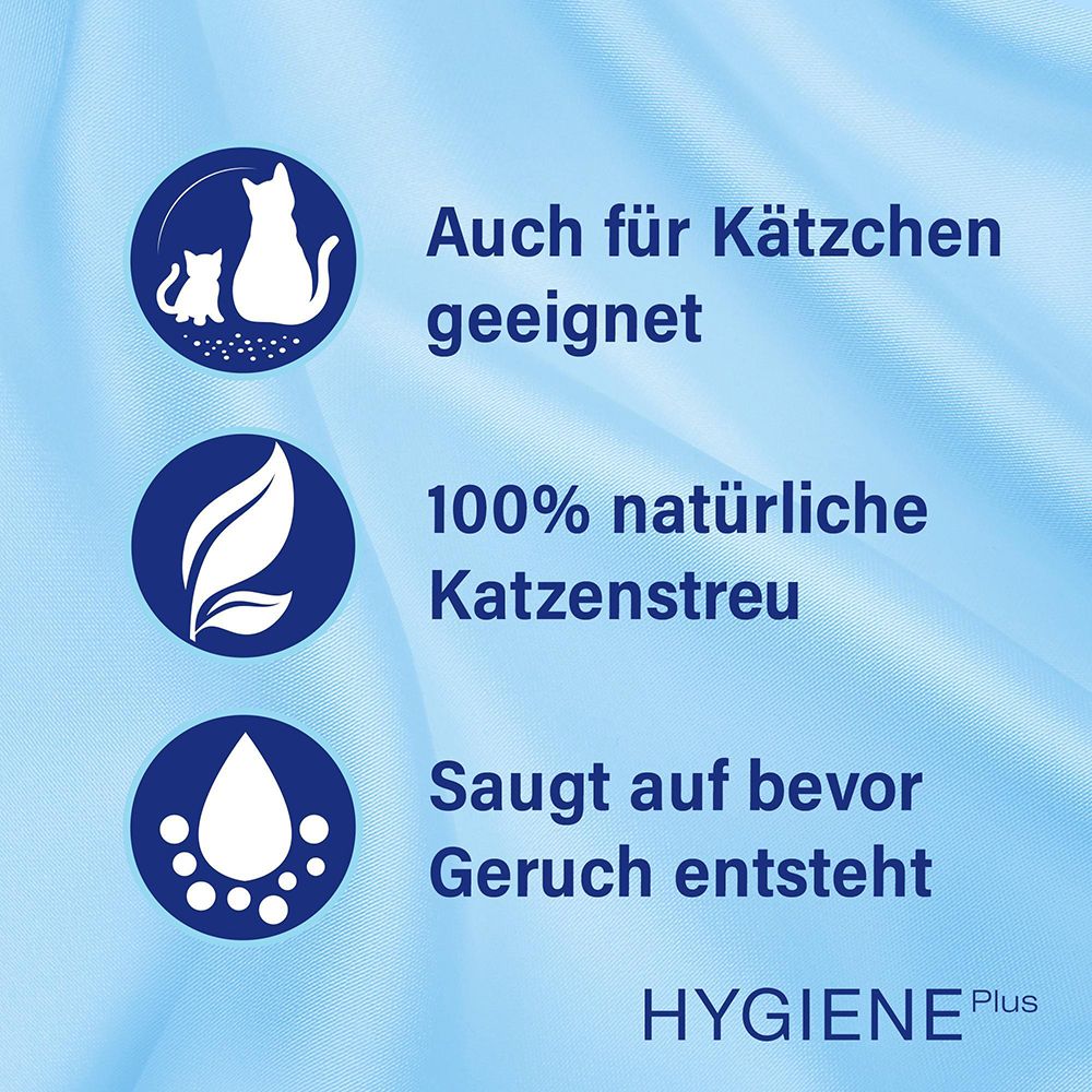 Drei Kreise mit Symbolen und Text, die die Vorteile von CATSAN Hygiene Plus hervorheben: für Kätzchen, 100% natürlich, geruchsabsorbierend.