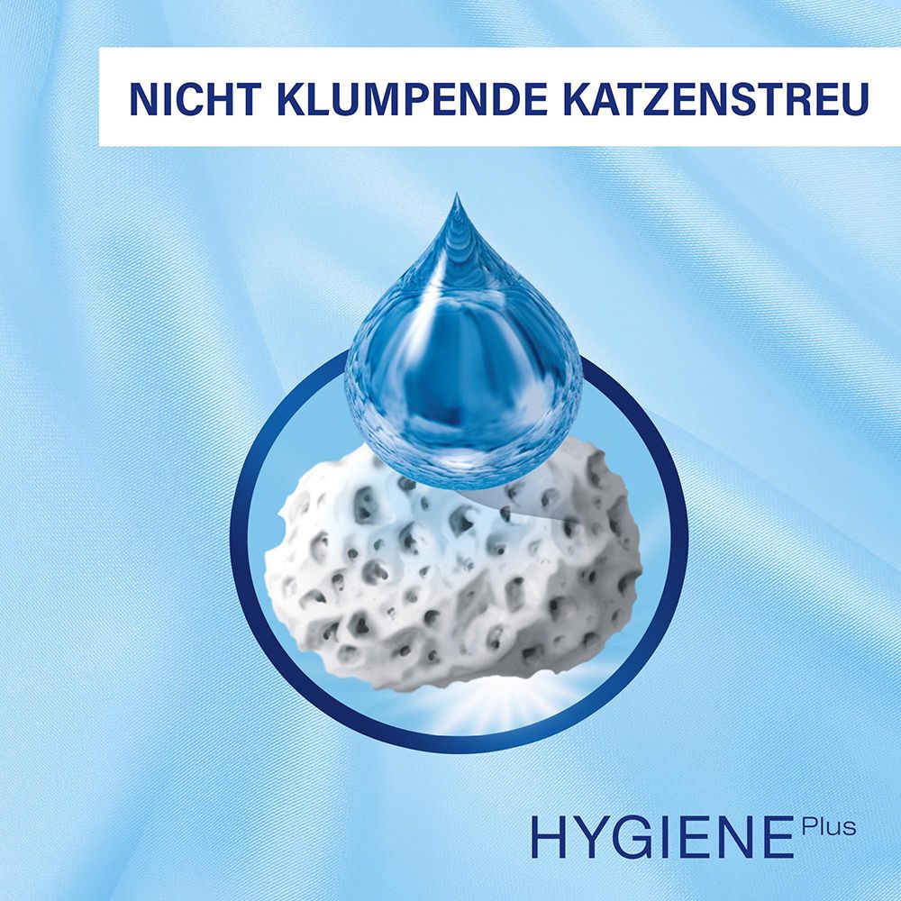 Nahaufnahme eines Granulats von CATSAN Hygiene Plus, das einen Wassertropfen absorbiert, der nicht verklumpt.