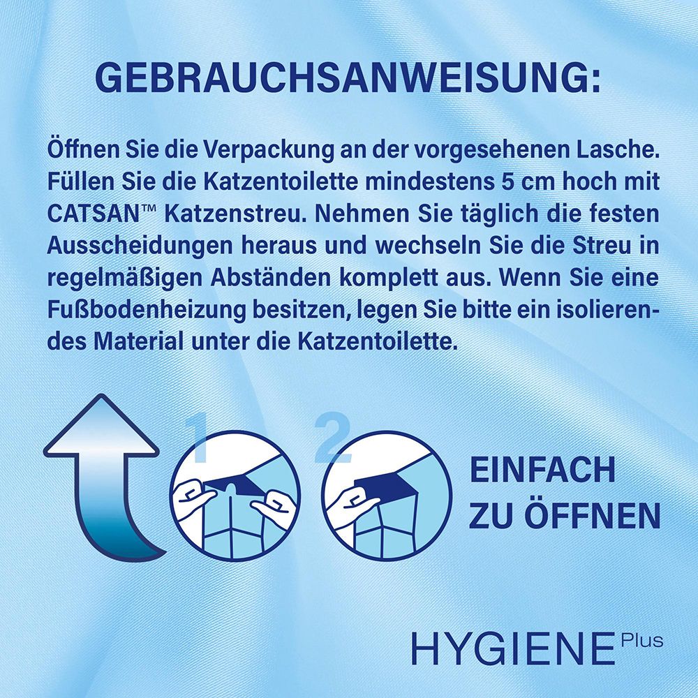 Anleitung zum Öffnen der CATSAN Hygiene Plus Verpackung mit Pfeilen und Symbolen.